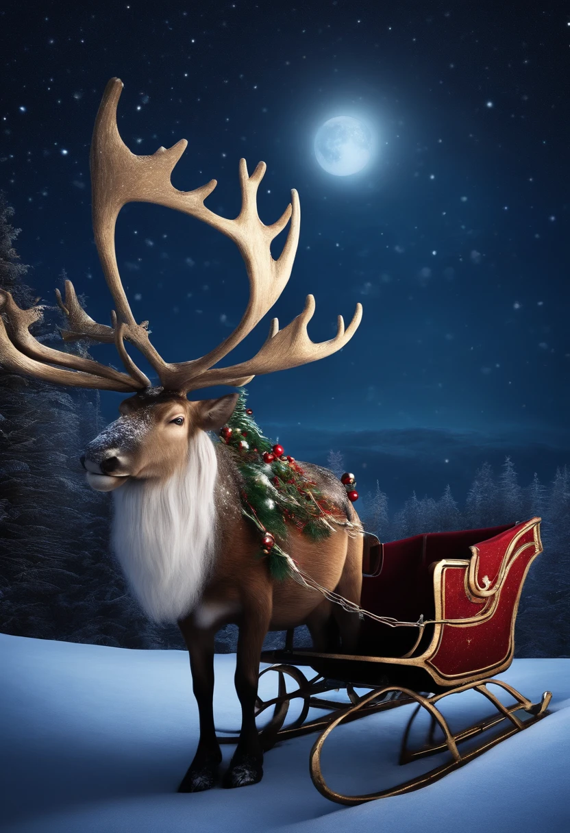 santaclaus on a slee with rendeers in a beautifal clear night sky with stars and northerlight