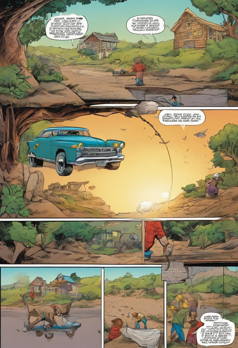 American comics, the comic story is presented in multiple irregular panels with color. old man fixes a swing that was previously broken. allowing his grandsons to once again play