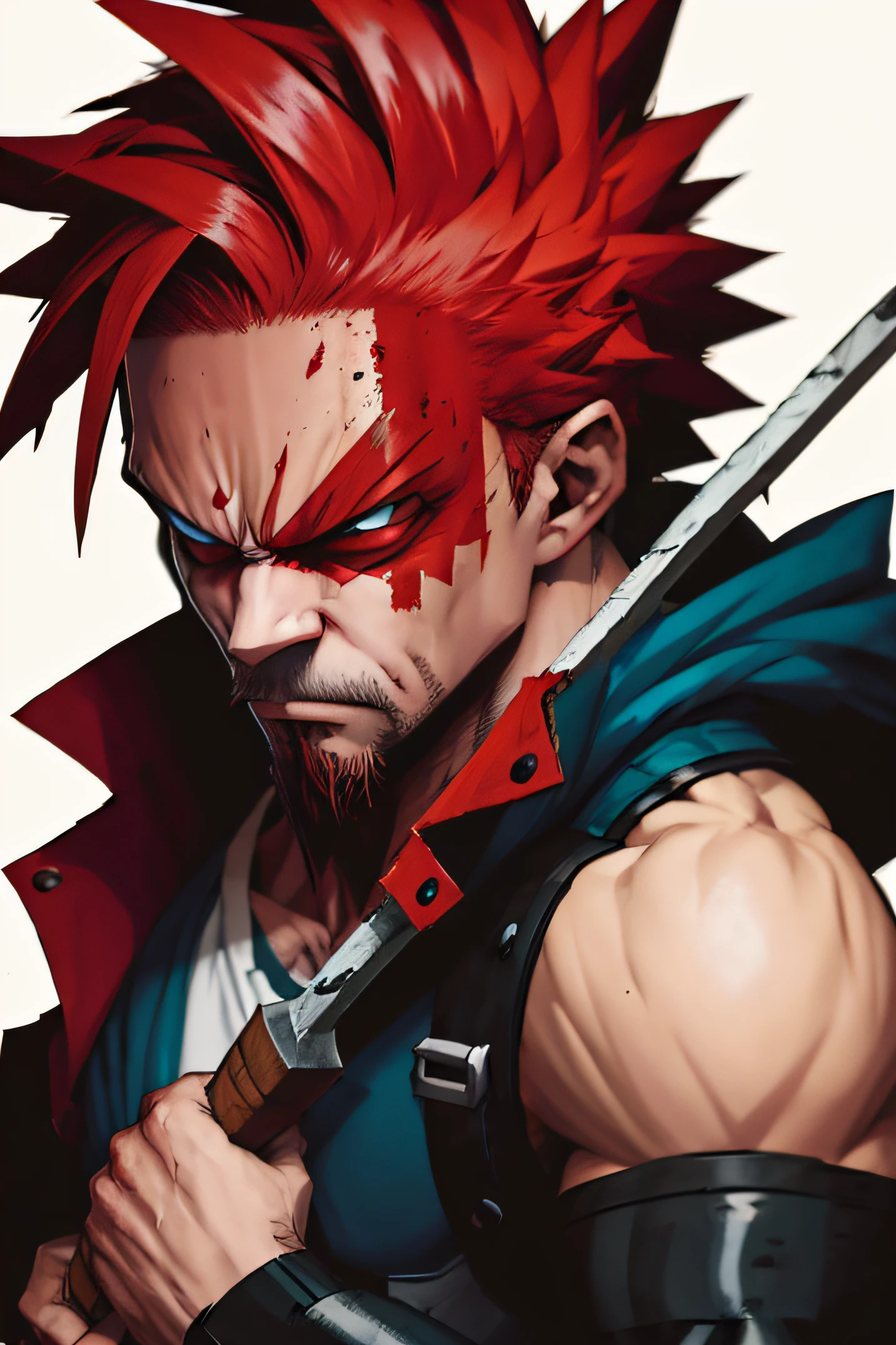 Brutal man with an ax, brawn, Urban view, Vermilion hair , scar near the eye, Anime style