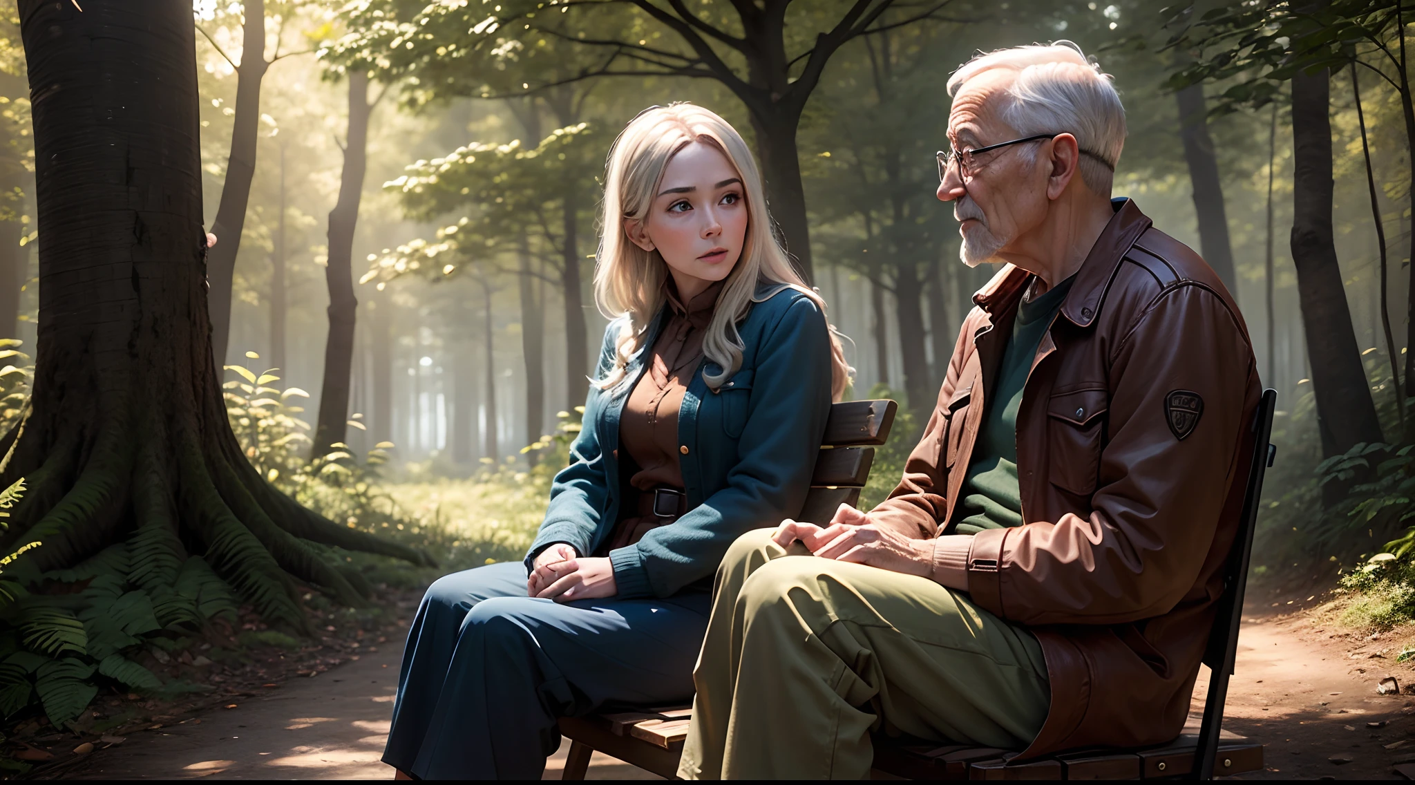 wise old man talking to a young woman, in the forest, under a tree, ultra realistic, 4k, cinematic