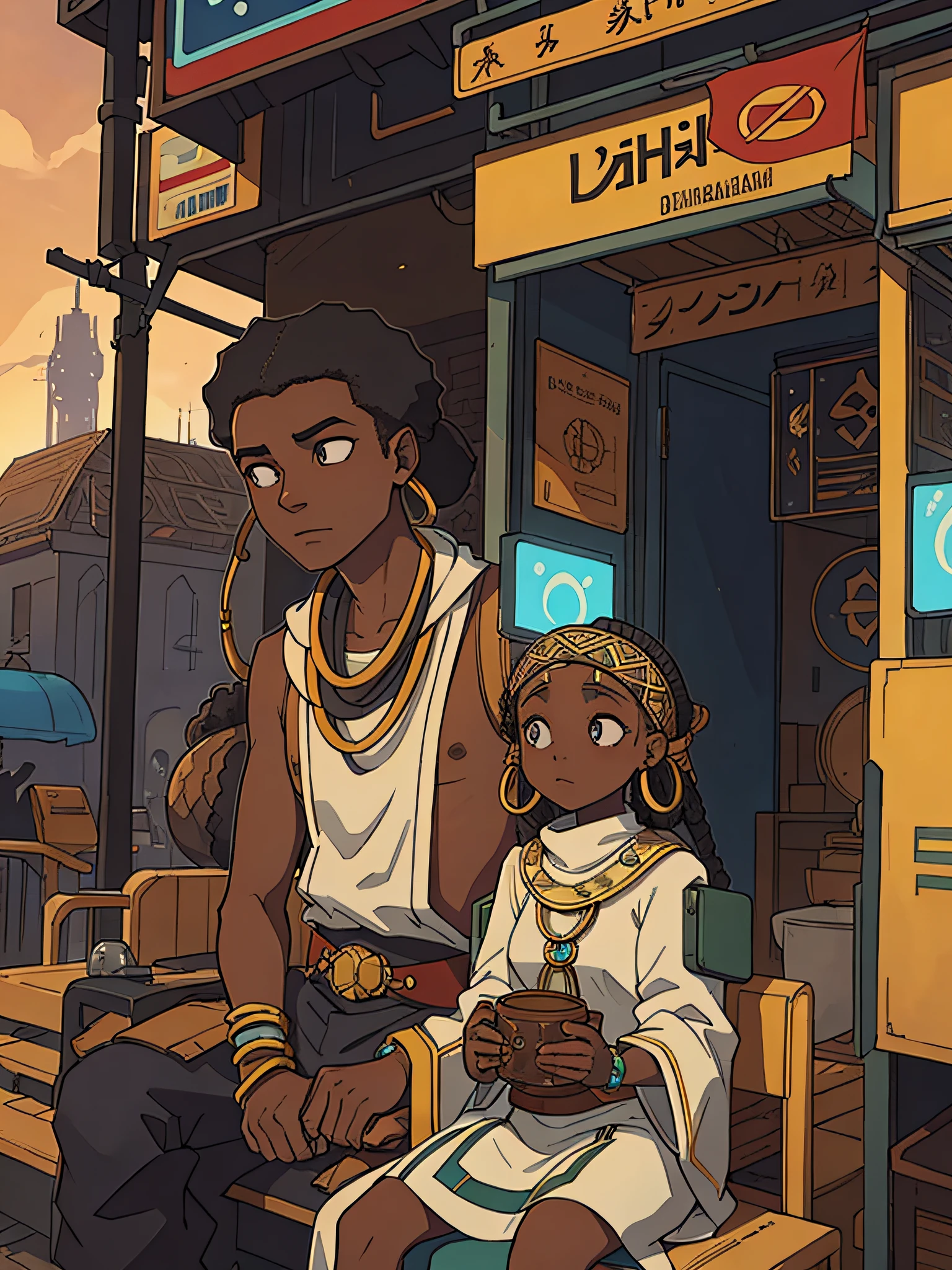 dark-skinned african male, kurzes Haar, Sitzen und Warten an einer Bushaltestelle, gelangweilt aussehen, Einstellung: Afrikanische futuristische Stadt, Typisch westafrikanische Architektur gemischt mit futuristischer Architektur, Traditional West African futuristic buildings, crowded,  Westafrikanische Tradition und Kultur gemischte Science-Fiction, Cyberpunk with African influences