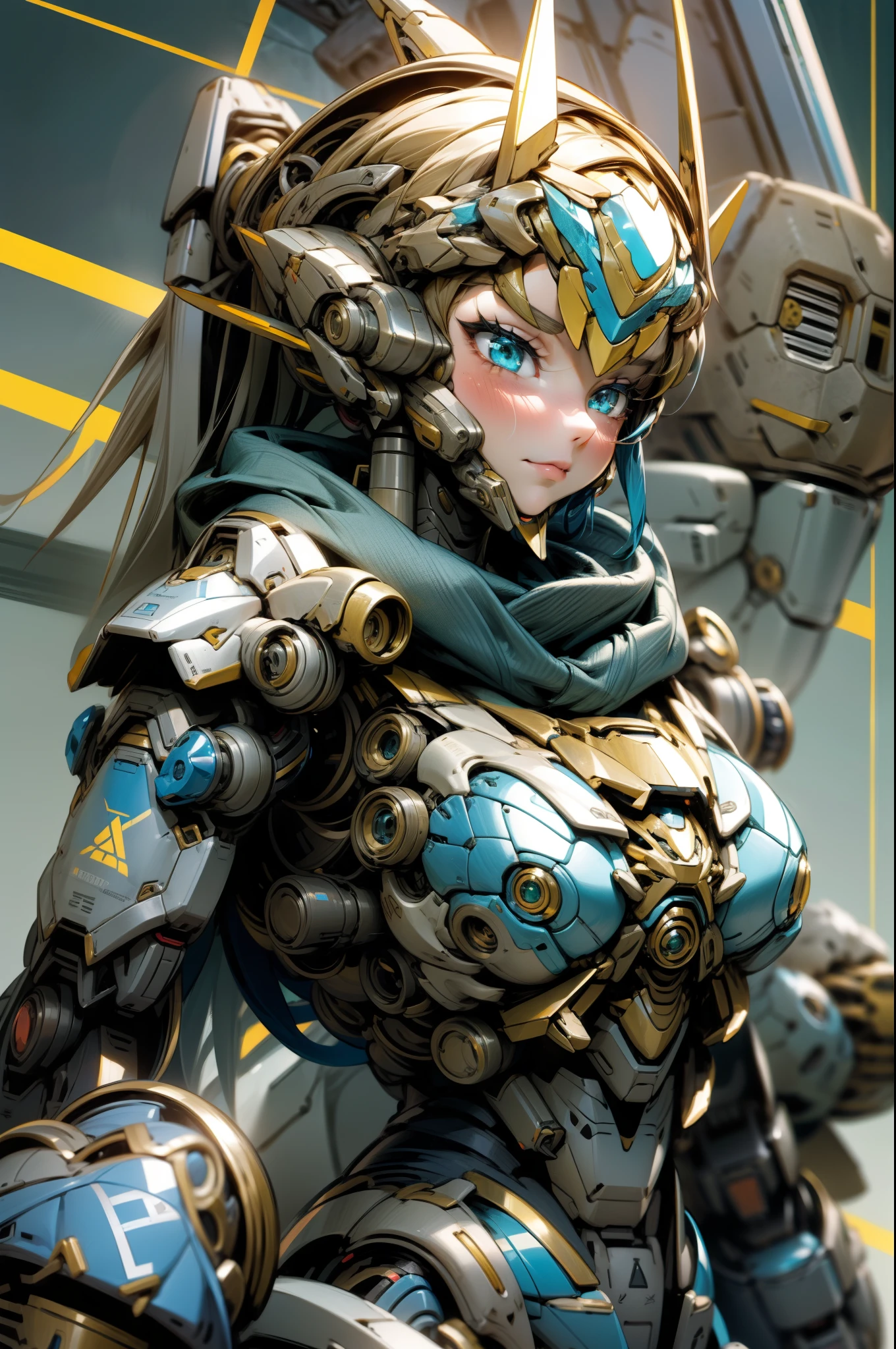 Un primer plano de una mujer con un traje azul y blanco sosteniendo un gran robot, anime mecha aesthetic, girl in mecha cyber armor, Aerodynamic blue armor, Chica armadura, mecha aesthetic, anime robotic mixed with organic, Armadura azul resbaladiza, Cyberpunk anime chica mech, ilustraciones detalladas del anime, Chica Valquiria mecanizada, mecha hembra, cana, Cabello largo, Gun laser