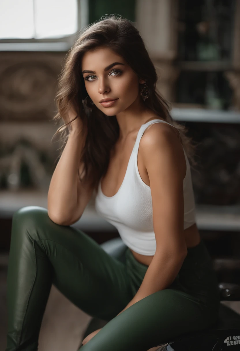 arafed woman with a white tank top and a necklace, sexy girl with green eyes, portrait sophie mudd, brown hair and large eyes, selfie of a young woman, bedroom eyes, violet myers, without makeup, natural makeup, looking directly at the camera, face with artgram, subtle makeup, stunning full body shot, piercing green eyes, beautiful angle, attractive pose, cute girl, sexy pose, full body picture, full body, full body shoot, brunette goddess, high detail, satisfied pose, leather pants, on a motorcycle