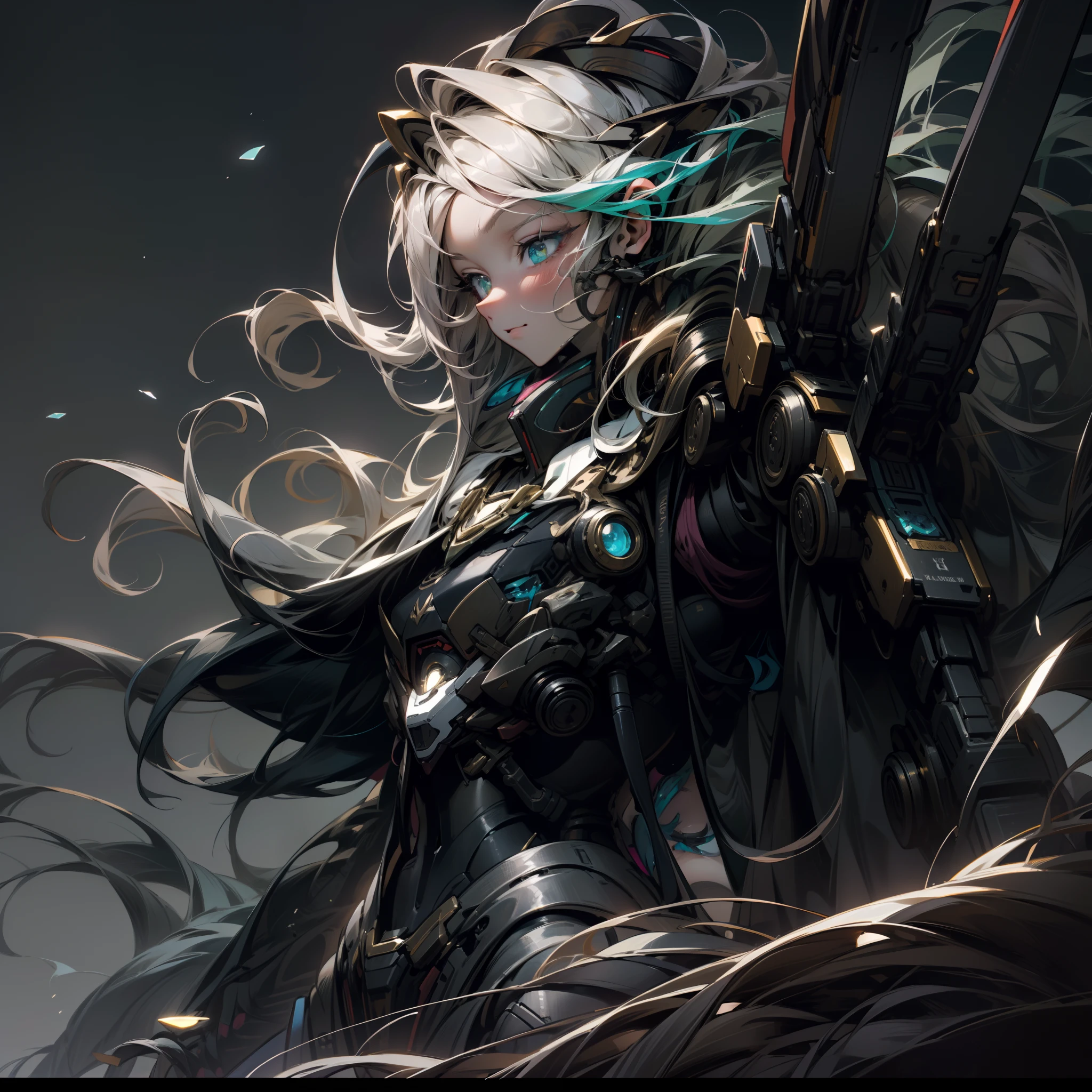 (8k, La mejor calidad de imagen, Obra maestra: 1.2), Super detailed, Mecha blanco de plata esterlina, solamente, Hermoso cielo detallado, Noche, ojos azul oscuro, Cabello suelto NovaFrogStyle, Gaze leaning towards me, Parte frontal, cabello blanco plateado.