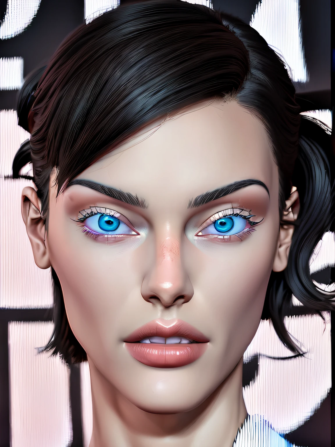 um close up de uma mulher de olhos azuis e cabelos pretos, Atraente Sci - Fi-Face, rosto e olhos ultra detalhados, Motor irreal : : maquiagem rave, rosto e olhos altamente detalhados, com o rosto muito detalhado, estilo cyberpunk hiper-realista, olhos azuis do androide, rosto pontiagudo e olhos cinzentos, Retrato de uma mulher sci - fi, sci fi female character