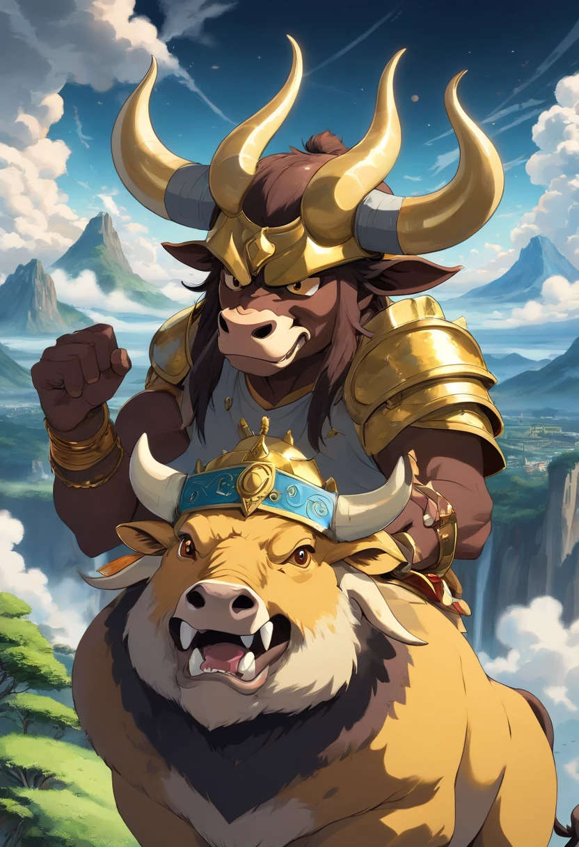 Artista de hip hop pesado com pele de chocolate e um longo estilo Mohawk, wearing a golden samurai mask designed as a bull snout and fangs also wearing a golden Loki crown, (((sobrecarga de detalhes))) Anthropomorphic humanoid bull, Minotauro, Taurus, Touro, touro, Minotauro, with an imposing bull's head adorned with deep spiral horns, olhos expressivos, pele do Touro castanho-escura e coberta com um fino pelagem curta, antro (Touro), Bovina, adulto, The backdrop is an epic backdrop with dramatic clouds and rays of sunshine strewn across the sky, with solid round eyes, Very high detail, 8k, super detalhe, precision, a melhor qualidade, e sombras projetadas.