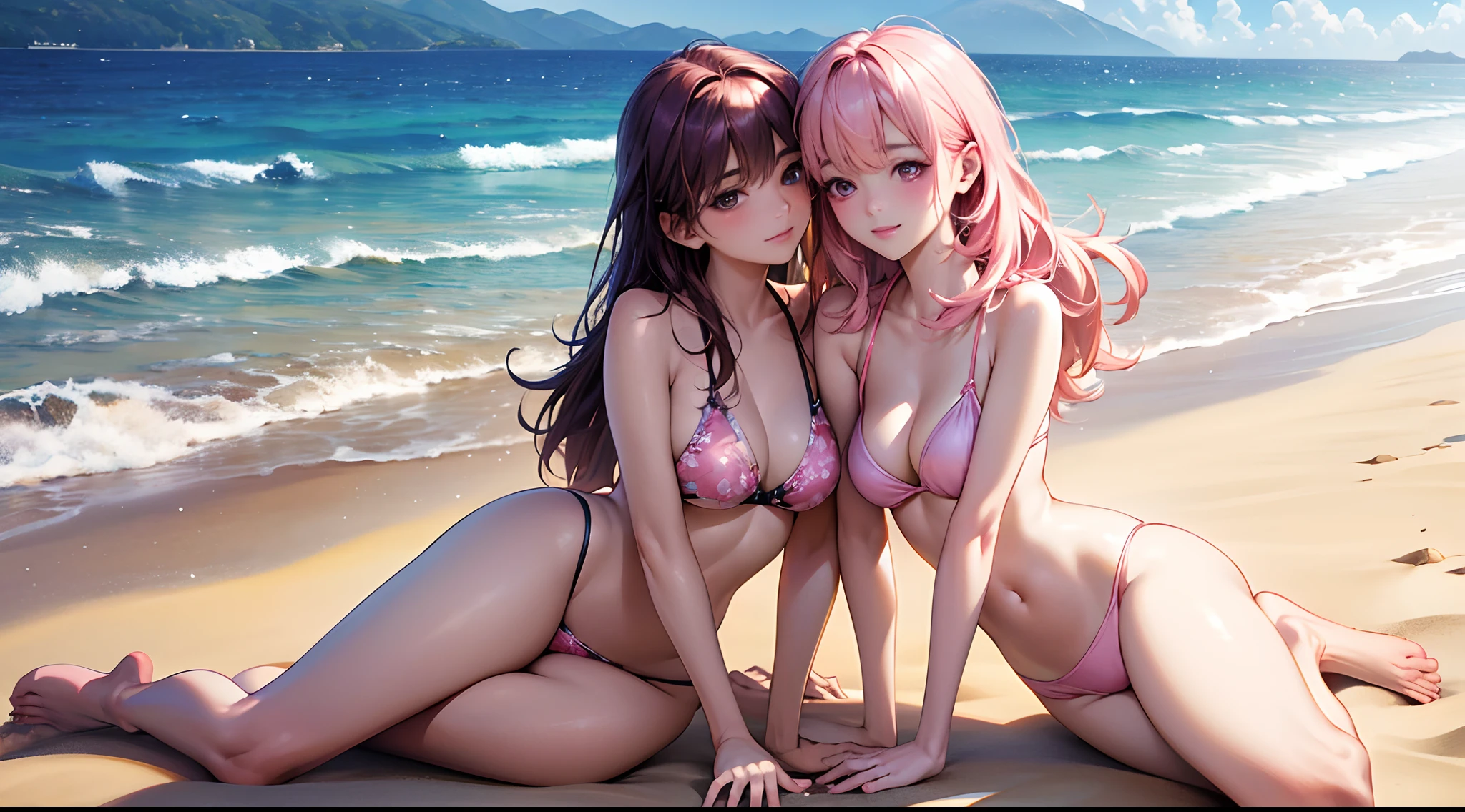 (best quality,4k, highres, masterpiece:1.2), ultra-detailed, (realistic, photorealistic, photo-realistic:1.37), vivid colors, physically-based rendering, HDR,UHD, extreme detail description, studio lighting, bokeh, sharp focus, professional, portraits, beautiful young Japanese woman, Ryo, soft, silky wavy purple hair, mesmerizing violet eyes, plump, kissable lips,essence of beauty, kemono with flowers blooming patterns opened up, no belt, pink bikini, top-notch figure, big bouncing breasts, running on the sandy beach, playful smile, carefree laughter, joyful expression, companion by her side, girlfriend, holding hands, matching pink bikinis, carefree laughter, gentle sea breeze, warm sunlight, golden sand beneath their feet, crystal clear ocean, splashing waves, happiness, freedom, summer escape, unforgettable memories. Naked people in background