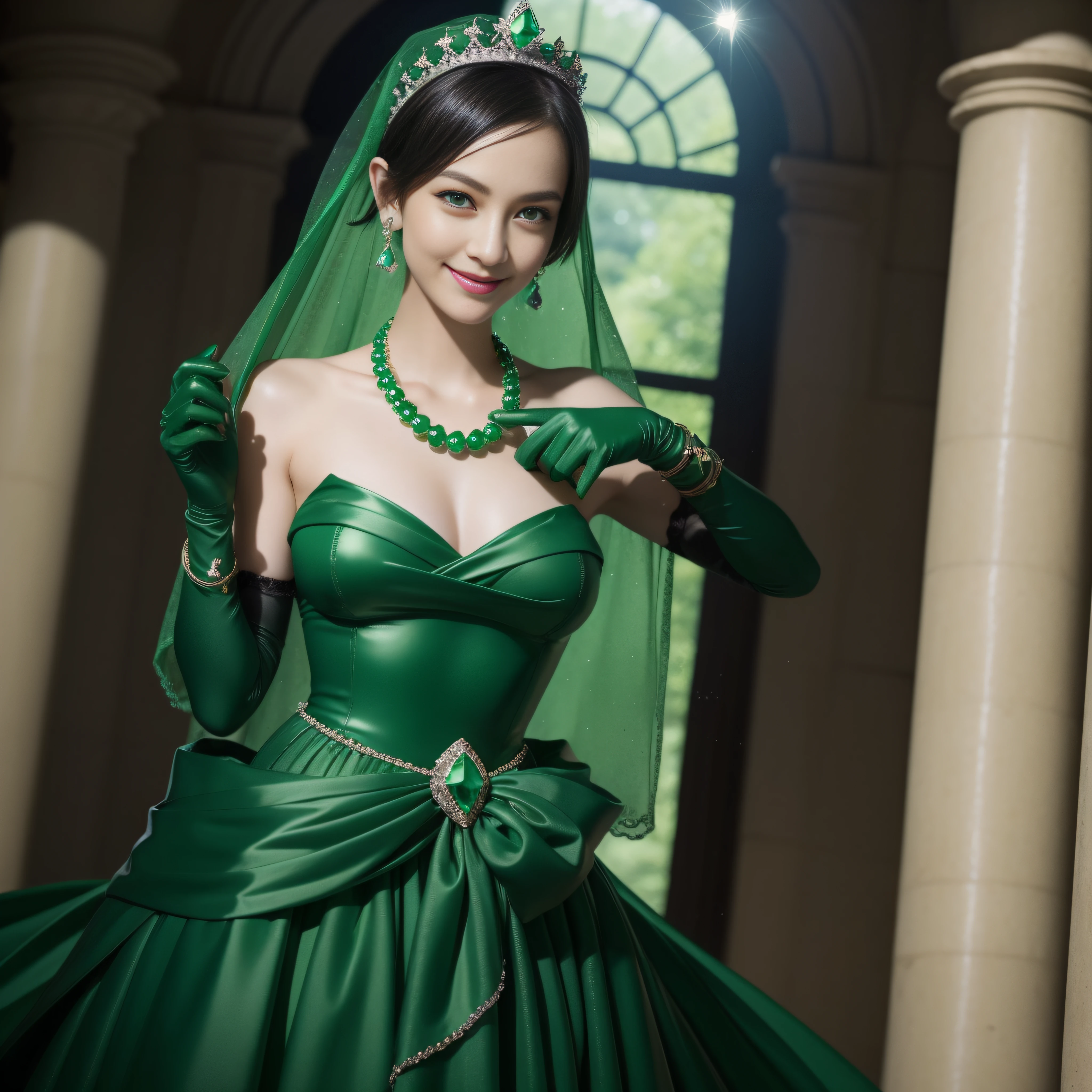 emerald tiara, Green Pearl Necklace, Boyish very short black hair, lipsticks, Japan woman smiling, very short short hair, big breasts beautiful, Green eyes, Long green gloves made of satin material, Green eyes, Emerald Earrings, The tattoo