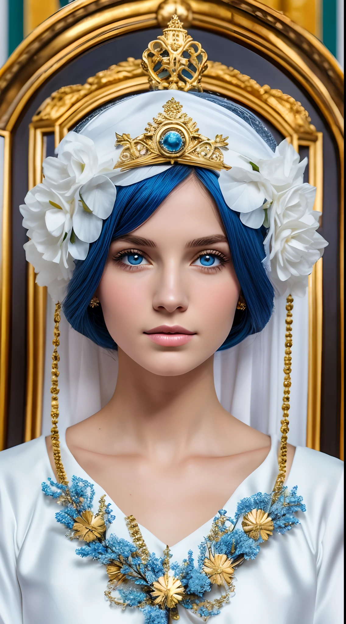 Rosto feminino ultra realista, cabelo azul e branco, olhos azuis, wreath on head and golden dress with monarchical details.