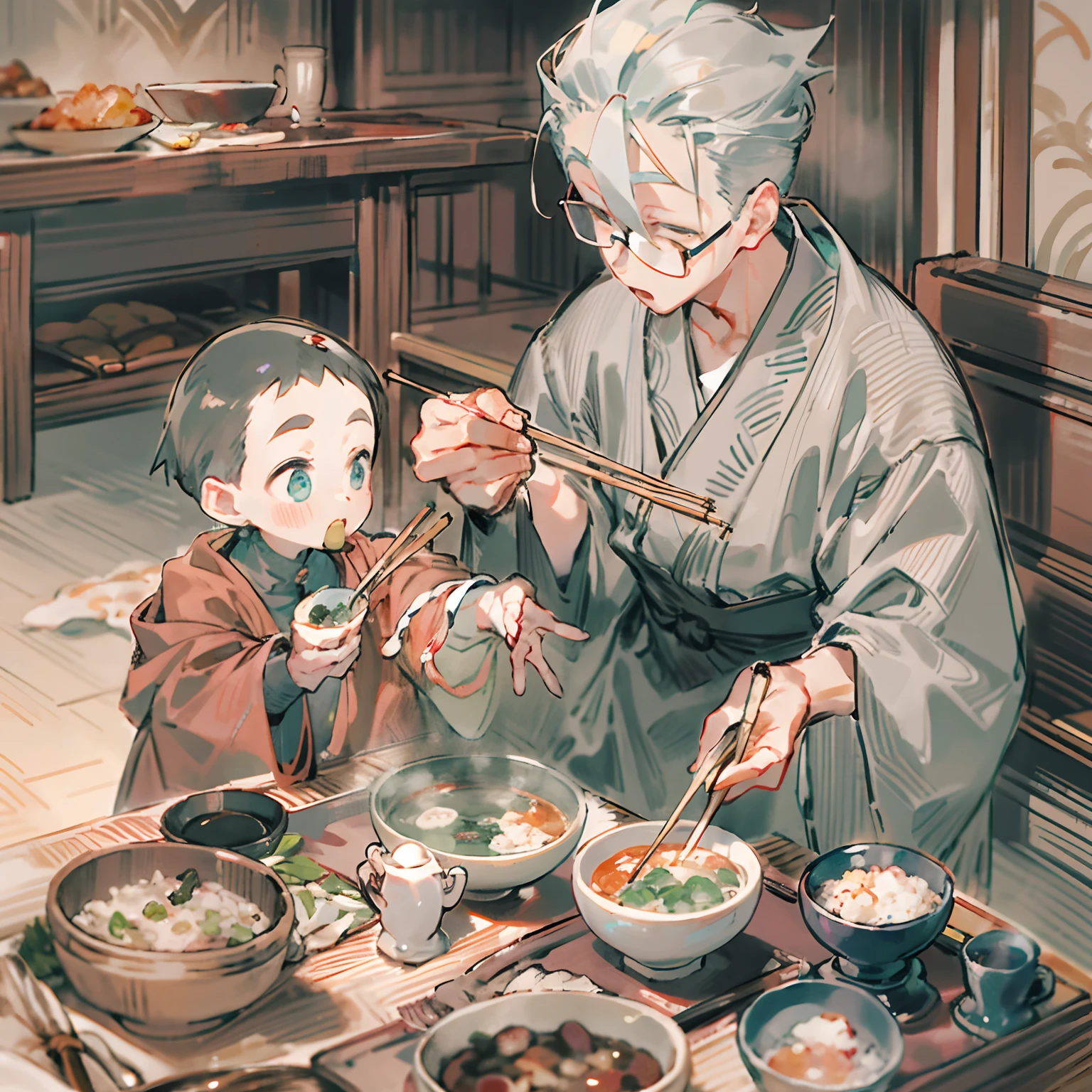 Boy and Roba Eating Breakfast、The upper part of the body、The boy puts natto in his mouth with chopsticks in his right hand、Rice in the left hand、An old woman is drinking miso soup next to her、