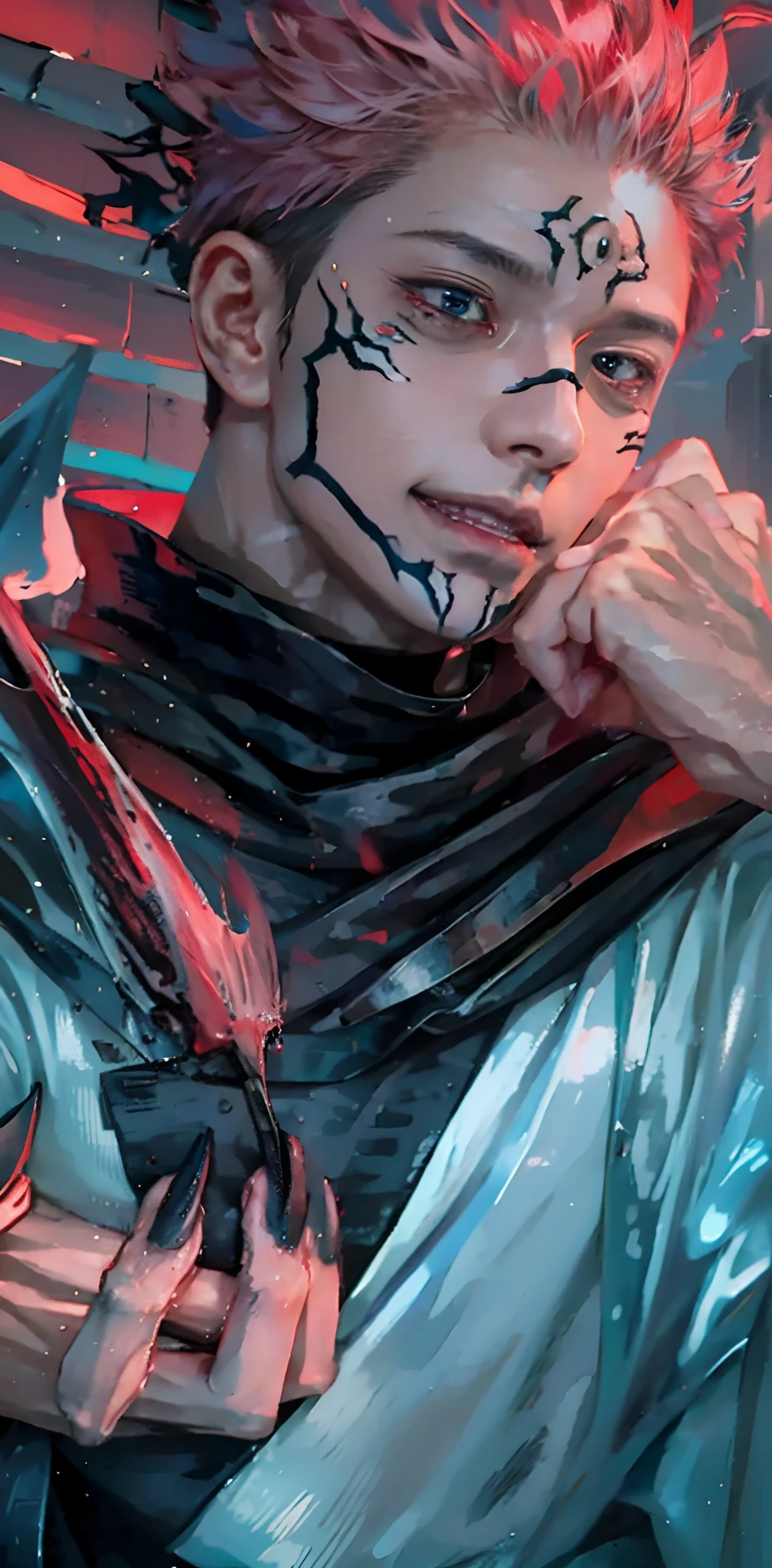 1man, itadori yuji mode sukuna in anime jujutsu kaisen, short hair , pink hair, red light eyes, handsome, white clothes, realistic clothes, detail clothes, city background, ultra detail, realistic