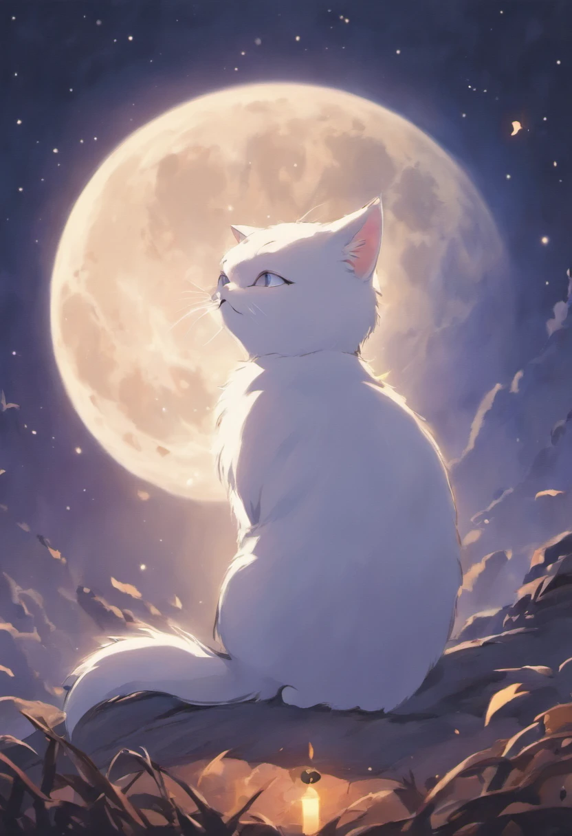 cat, brown and white, on cliff, looking out over starry sky, nebula, galaxies, anime style, --ar 11:17