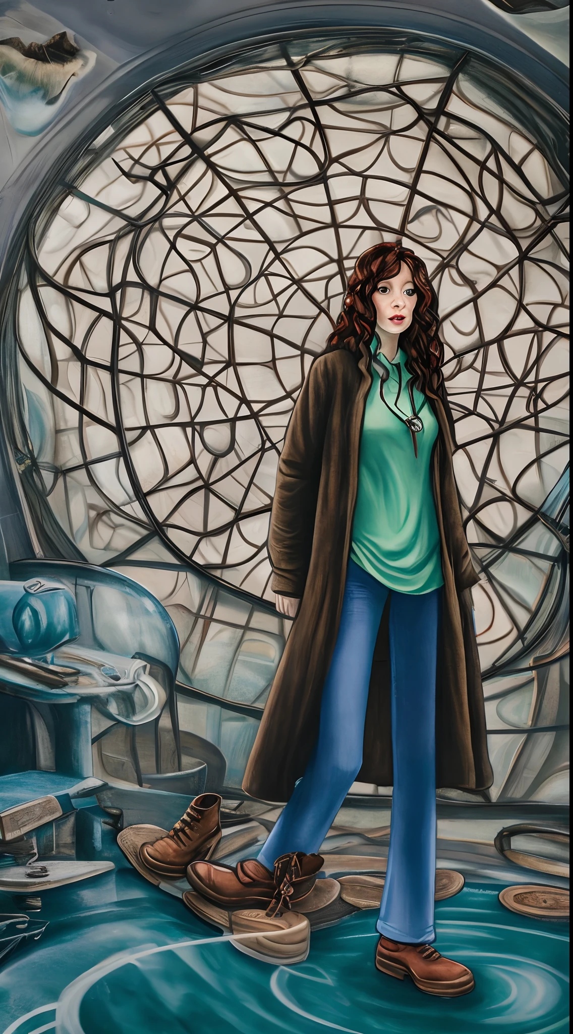 Gina Weasley de camisa verde, jaqueta preta, Denim Jeans Pants, brown and levitated shoes lying on a glass dome