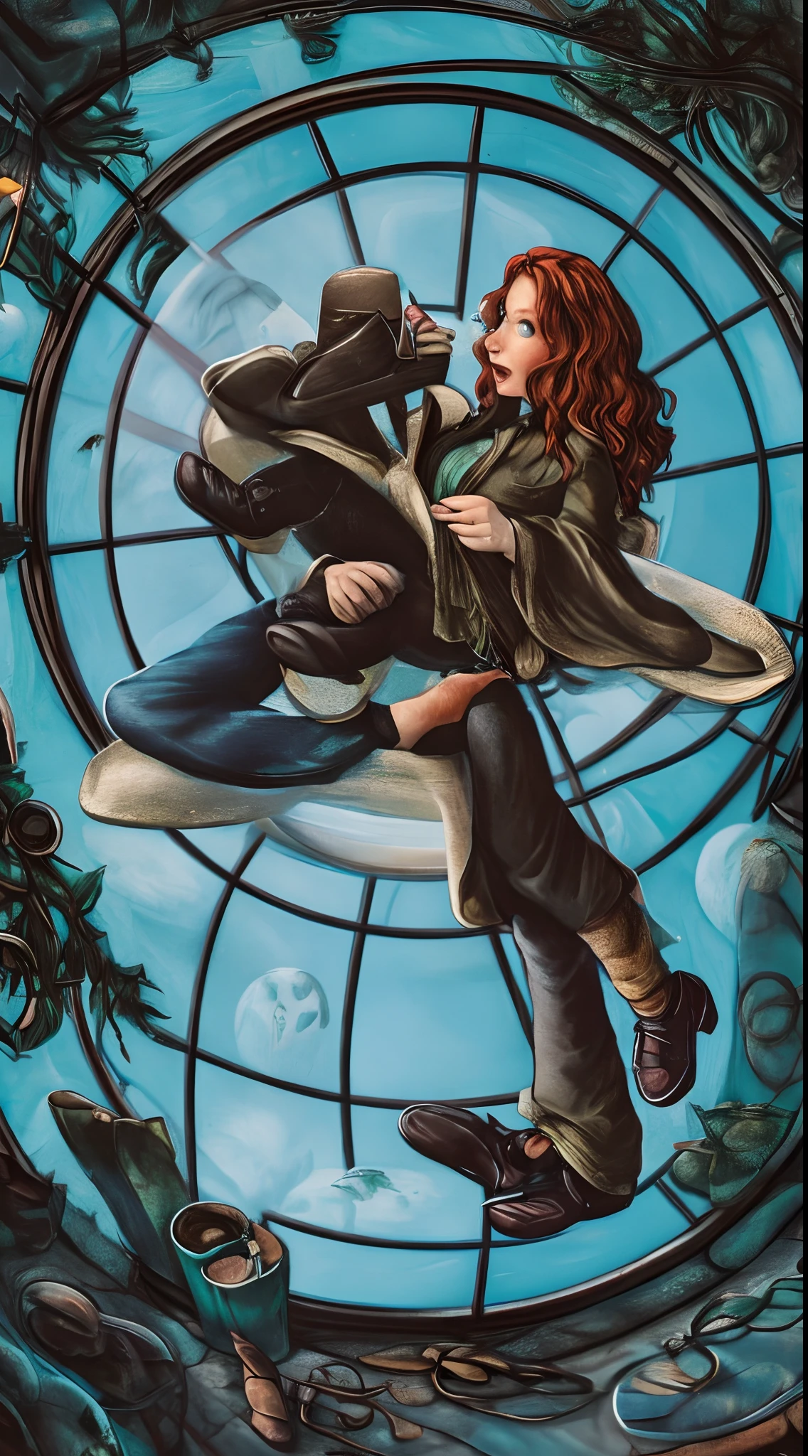 Gina Weasley de camisa verde, jaqueta preta, Denim Jeans Pants, brown and levitated shoes lying on a glass dome