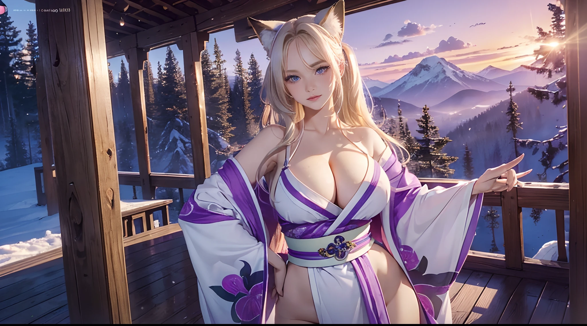 (8K, best quality, high-resolution:1.35),(Raw photo:1.2), (Photorealsitic:1.37), (masterpiece: 1.25), professional lighting, photon mapping, radiosity, symmetry, complexity, elegance, ((1 girl)), (full body), large breast, long blonde hair, blue eyes: 1.2, (long eyelashes), eye shadow, natural makeup, clear facial features, alluring, attractive, curvy build, (mature female body: 1.1), (exposed cleavage), ((wearing purple/white kimono)), fox ears, fox tail, sexy pose:1.5, shrine in magical forest scenery, mountains, waterfall, sunset,