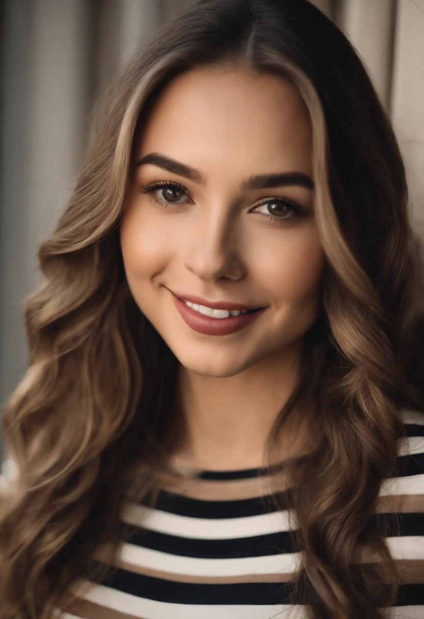 arafed woman with long hair and a striped shirt posing for a picture, headshot profile picture, selfie of a young woman, high quality portrait, halfbody headshot, portrait sophie mudd, charli bowater, pokimane, 19 years old woman, smiling and looking directly, taken in the early 2020s
