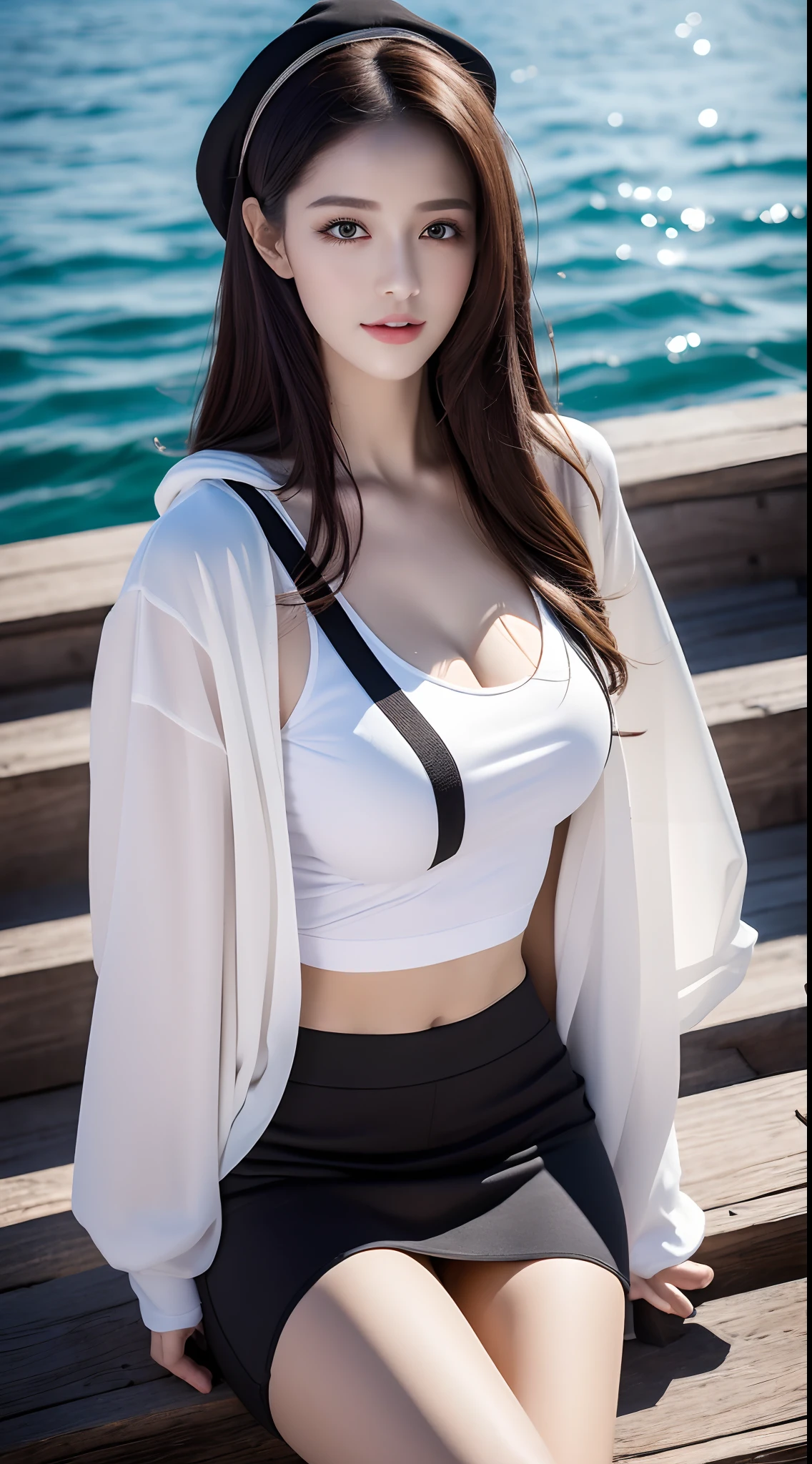 (best quality,8k,highres,masterpiece:1.2),ultra-detailed,(realistic,photorealistic,photo-realistic:1.37),portrait,painting style,colorful,soft focus,Warm tones,beautiful detailed eyes,longeyelashes,detailed face,medium shot,from above view,chest,upper body of a girl,white long hair,yellow eyes,hairpin,white short shirt,black hoodie,black baseball cap,black over-the-knee socks,black thigh-high boots,sunset,medieval harbor,port,calm water surface,sun reflection