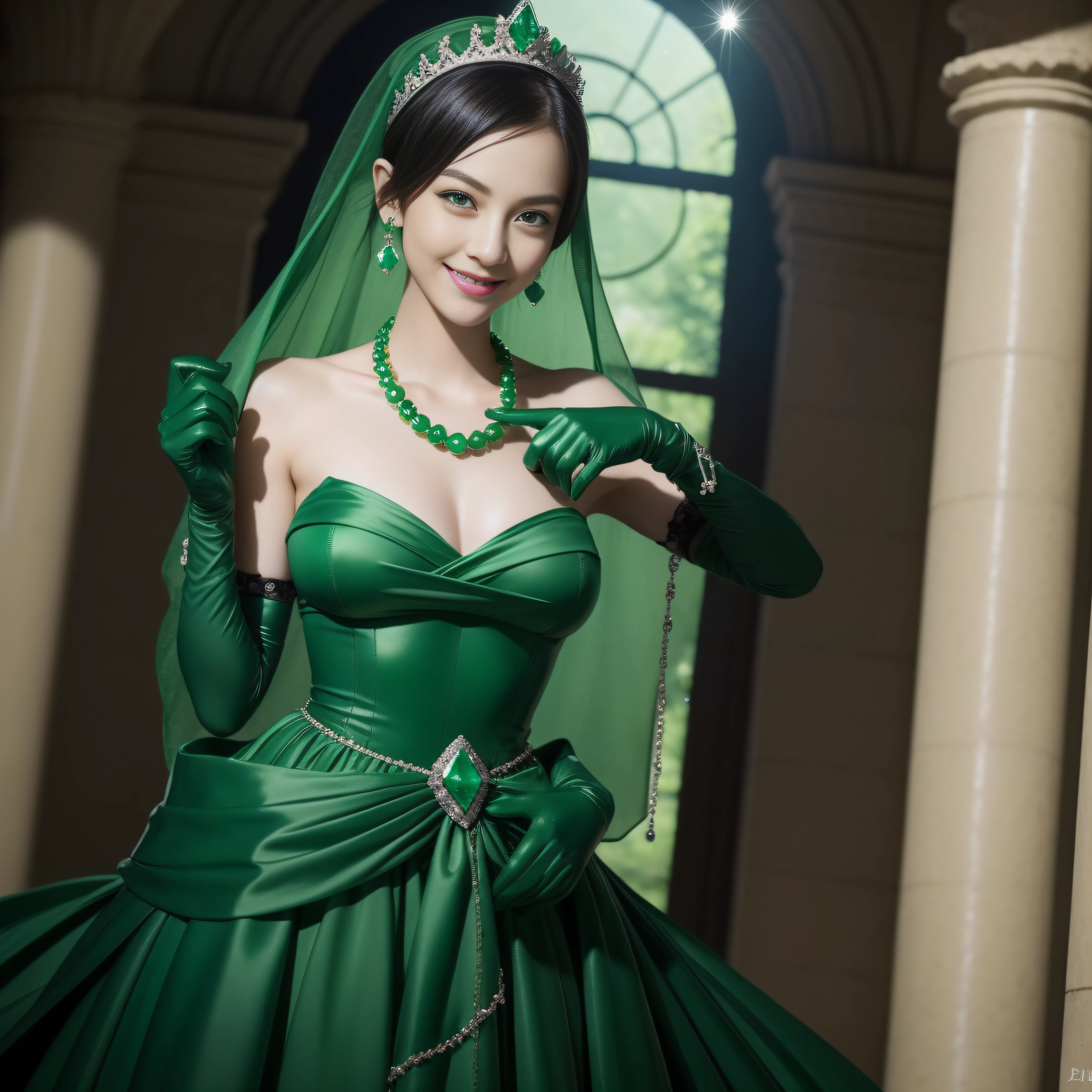 emerald tiara, Green Pearl Necklace, Boyish very short black hair, lipsticks, Japan woman smiling, very short short hair, big breasts beautiful, Green eyes, Long green gloves made of satin material, Green eyes, Emerald Earrings, The tattoo