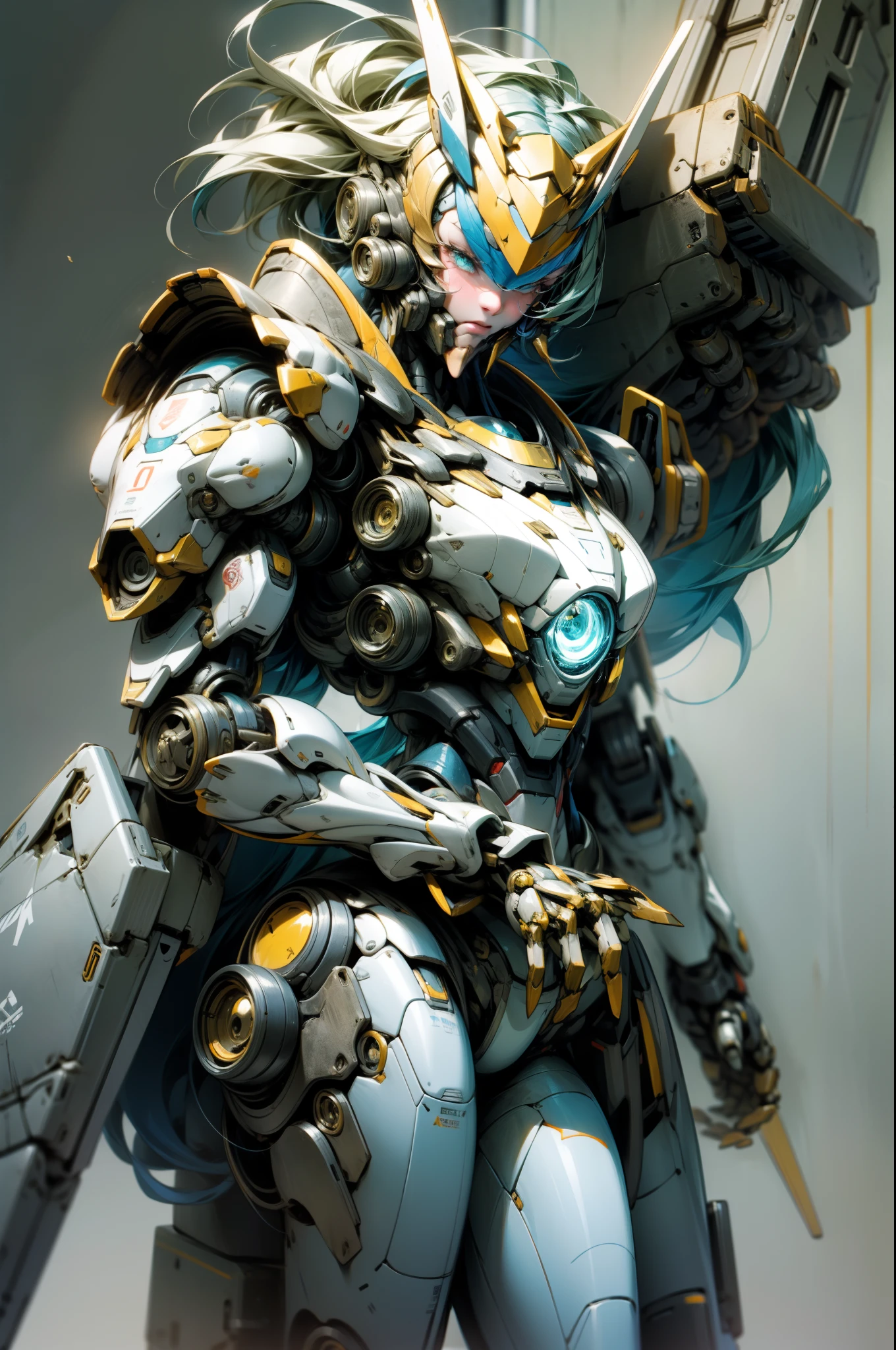 Un primer plano de una mujer con un traje azul y blanco sosteniendo un gran robot, anime mecha aesthetic, girl in mecha cyber armor, Aerodynamic blue armor, Chica armadura, mecha aesthetic, anime robotic mixed with organic, Armadura azul resbaladiza, Cyberpunk anime chica mech, ilustraciones detalladas del anime, Chica Valquiria mecanizada, mecha hembra, cana, Cabello largo, Gun laser