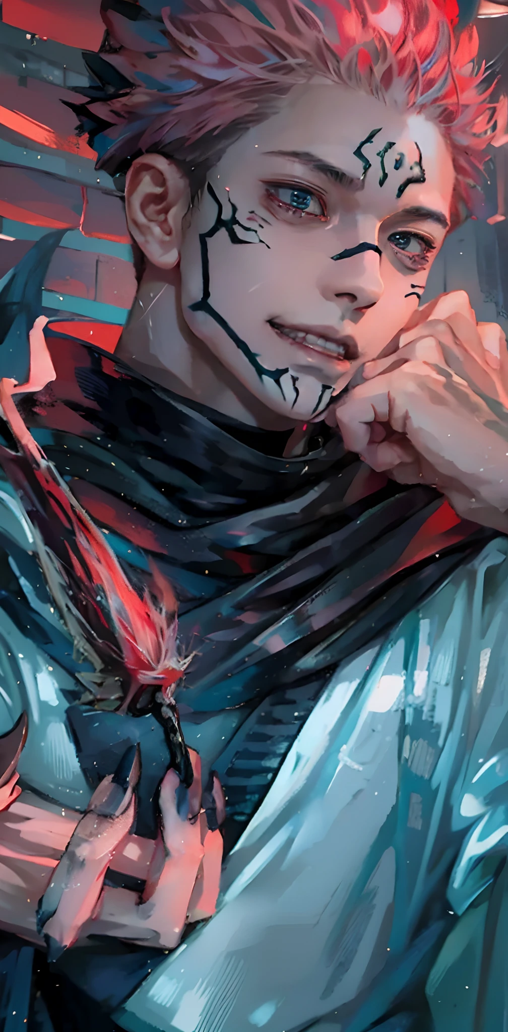1man, itadori yuji mode sukuna in anime jujutsu kaisen, short hair , pink hair, red light eyes, handsome, white clothes, realistic clothes, detail clothes, city background, ultra detail, realistic