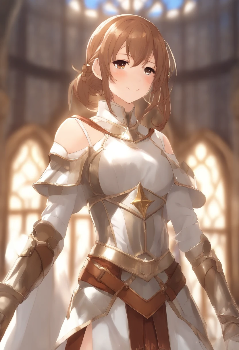 Asuna, Asuna_(As estrelas), (1girll,Solo) ,fantasy, A high resolution, 19 Yo, Original, (Sheath at the waist:1.3), Smile, (White Knight Wizard Chief Cloak:1.55), Short hair, Medium breasts, view the viewer, bangs ,Hazel eye detailing, Beautiful background, ((Morning sun,Western-style private rooms)), Hands on the chest,(Brown hair,short ponytail hair:1.5), (Platinum Knight Wizard Full Armor:1.55),Short hair, standing,straight-on, abec,(full bodyesbian:1.1), white thighhighs,(abec:1.4),