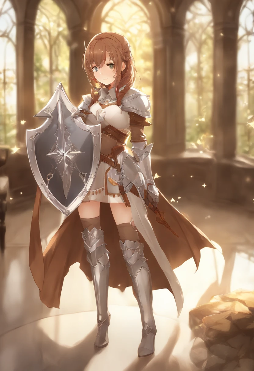Asuna, Asuna_(As estrelas), (1girll,Solo) ,fantasy, A high resolution, 19 Yo, Original, (Sheath at the waist:1.3), Smile, (White Knight Wizard Chief Cloak:1.55), Short hair, Medium breasts, view the viewer, bangs ,Hazel eye detailing, Beautiful background, ((Morning sun,Western-style private rooms)), Hands on the chest,(Brown hair,short ponytail hair:1.5), (Platinum Knight Wizard Full Armor:1.55),Short hair, standing,straight-on, abec,(full bodyesbian:1.1), white thighhighs,(abec:1.4),