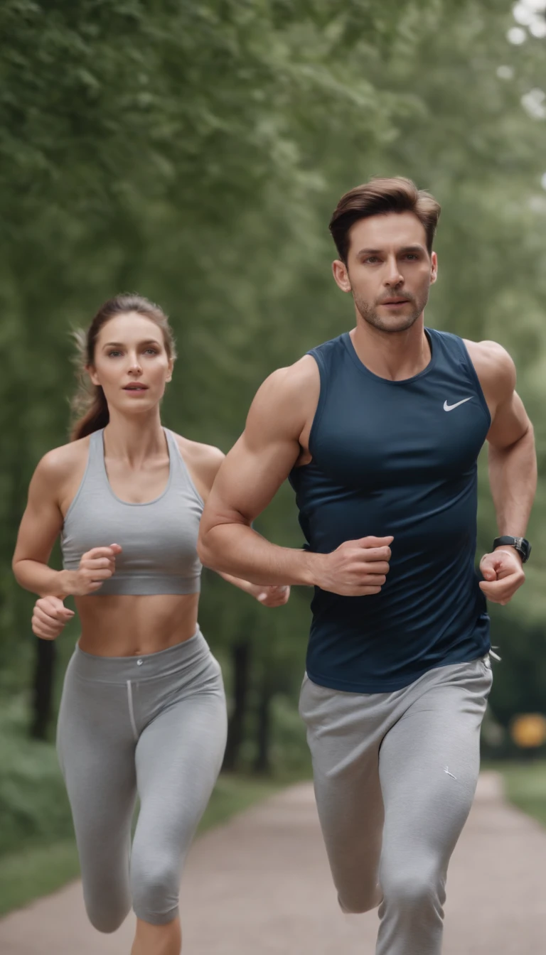 (tmasterpiece, high detal, Raw photo:1.2), a couple, running in the park，Wear sportswear，Wear sneakers，The face is detailed