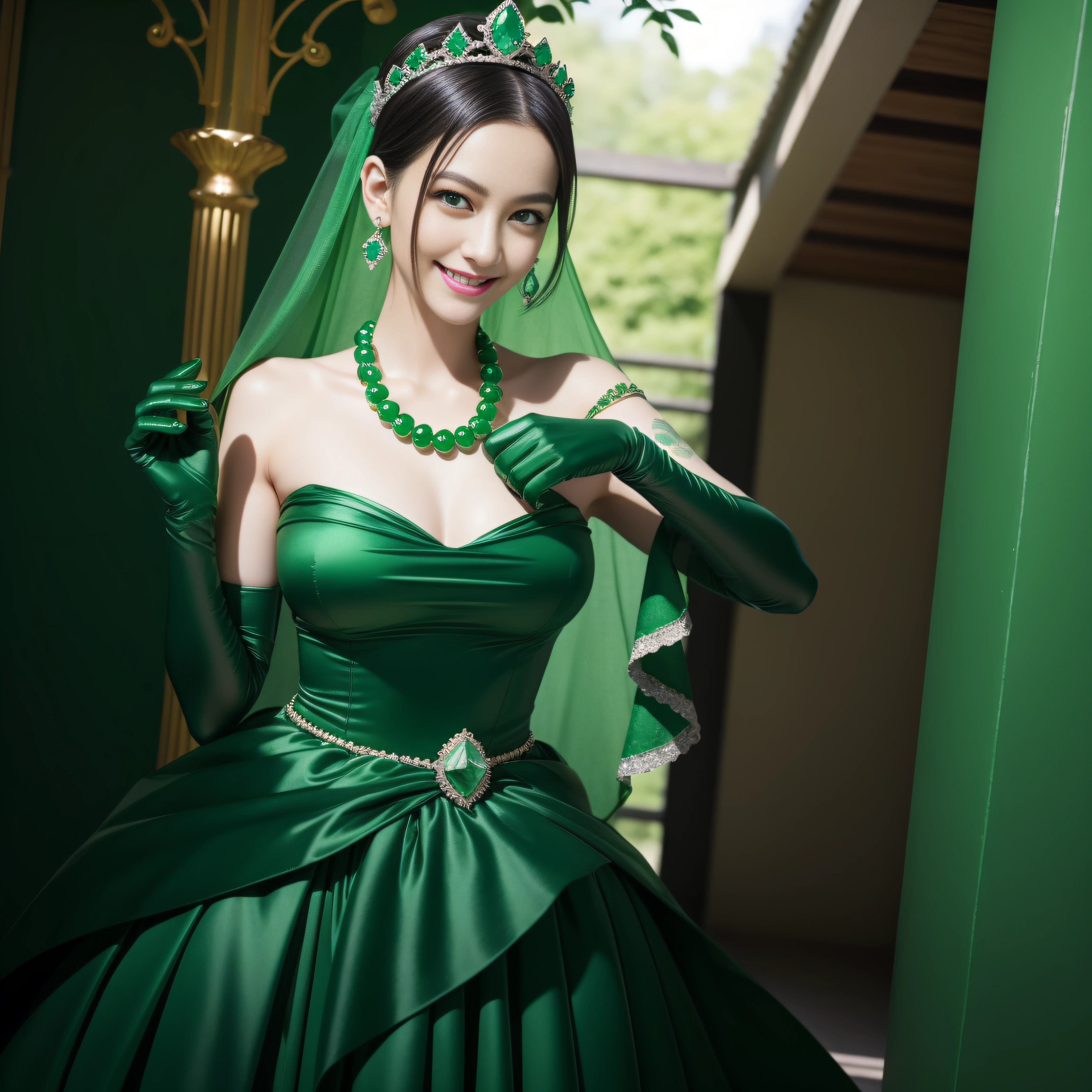 emerald tiara, Green Pearl Necklace, Boyish very short black hair, lipsticks, Japan woman smiling, very very short green hair, big breasts beautiful, Green eyes, Long green gloves made of satin material, Green eyes, Emerald Earrings, The tattoo