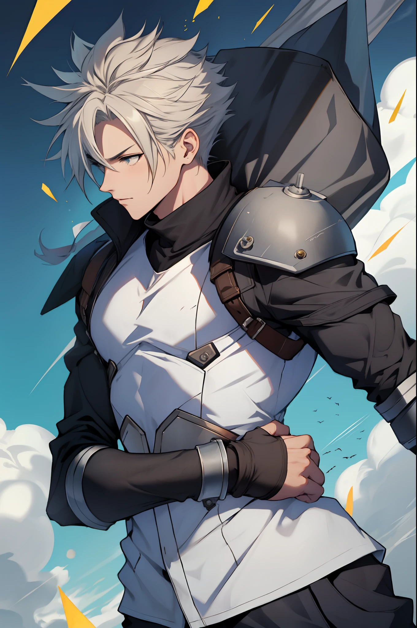 Obra maestra, La mejor calidad, Lucha hombre, Cloud de Final Fabtasy VII, Tetsuya Nomura, Armadura de hombro, cuello de tortuga sin mangas, tirantes, beltt, pantalones holgados, Guantes, Bracer, Botas, molino de viento, Cielo, nubes,