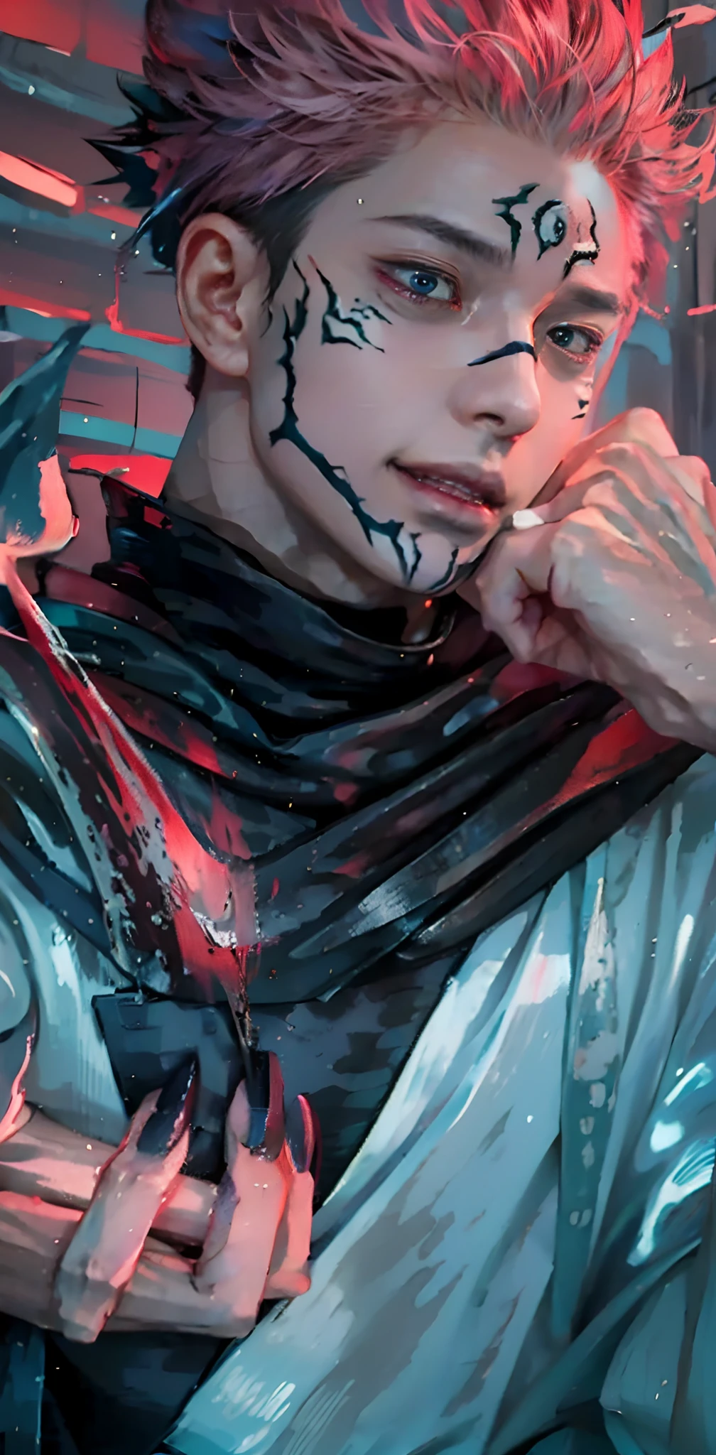 1man, itadori yuji mode sukuna in anime jujutsu kaisen, short hair , pink hair, red light eyes, handsome, white clothes, realistic clothes, detail clothes, city background, ultra detail, realistic