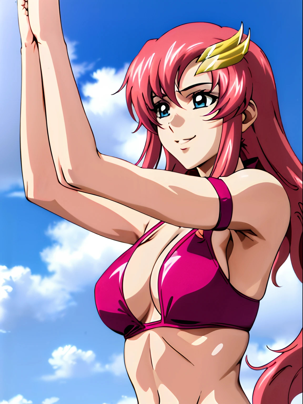 (masterpiece, upper body view, 4K, Best Quality, Anime style: 1.9, , tall, Adult Woman, ultra detailed face, (cloud background), Drawing lines, high resolution, Anime, lacus4), 1girl, Solo, curvy figure, Long hair, 鎖骨, scapular, Wavy Hair, Detailed wide hair bangs, Hair Ornament, Detailed reddish-pink hair, cleavage, large hands, (female wrestler). (Big blue eyes, shiny eyes), ((closed fists, broad shoulders)), ((medium breasts)), (((bikini, pink wrestling gear))), happy, smile, stretching