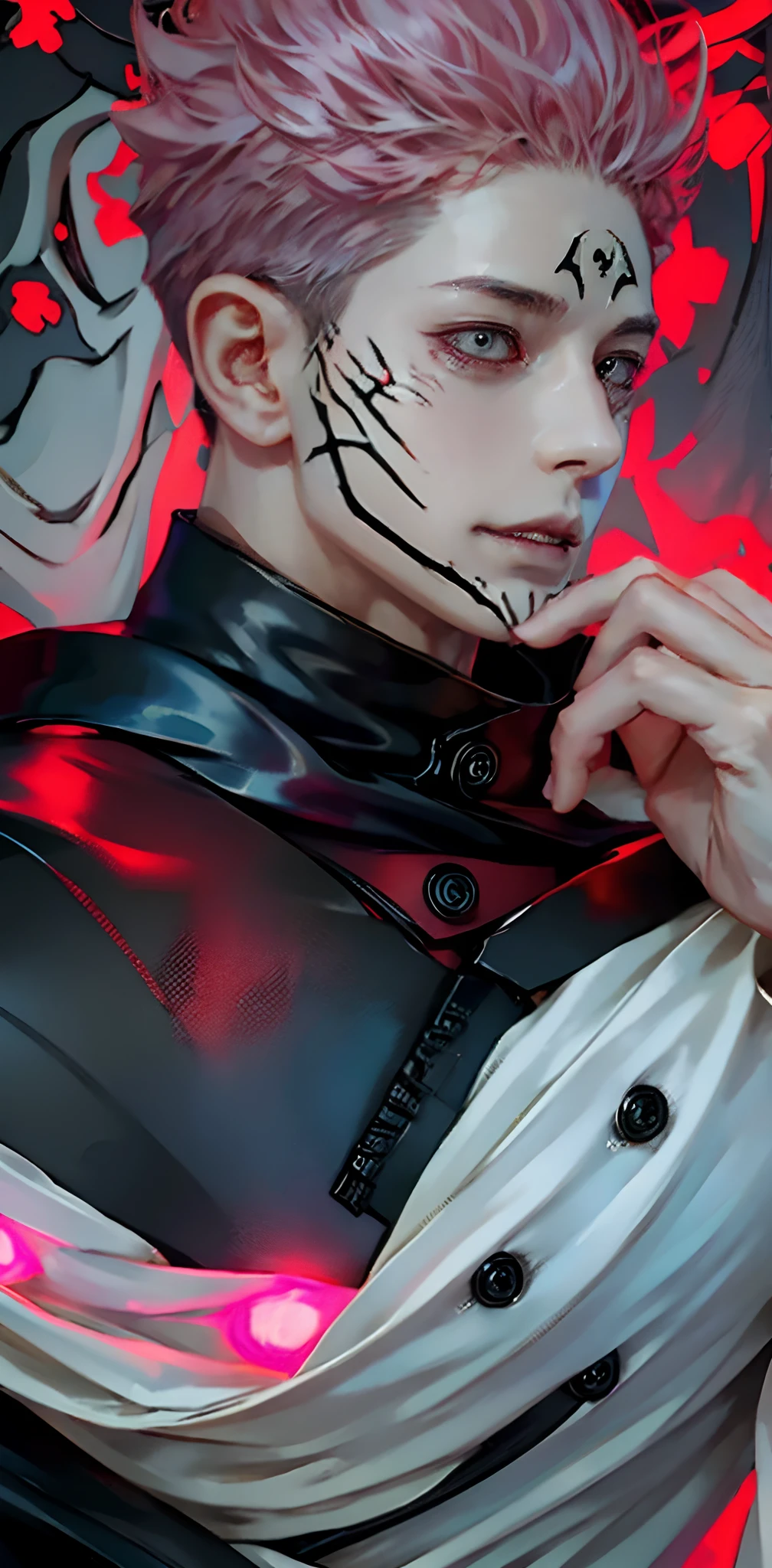 1man, itadori yuji mode sukuna in anime jujutsu kaisen, short hair , pink hair, red light eyes, handsome, white clothes, realistic clothes, detail clothes, city background, ultra detail, realistic