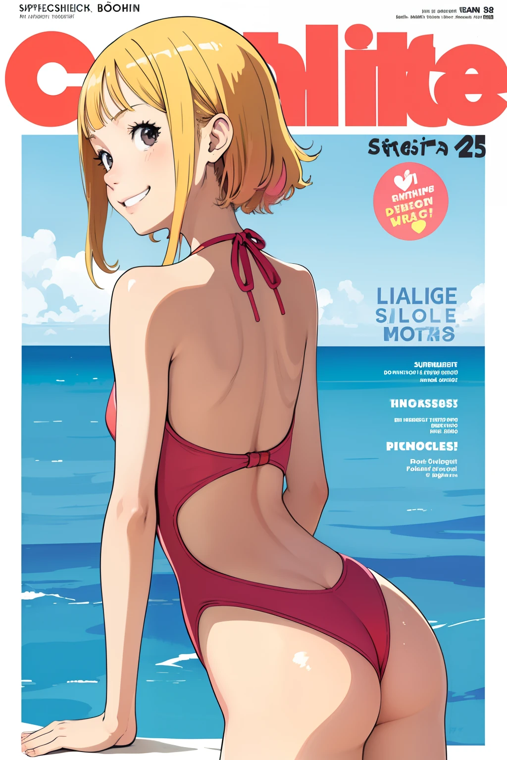 (superflat, flat shading, flat colors:1.1), (magazine cover), li, pee, one piece swimsuit, from behind, naked bottom, smile, volumetric lighting, soft light, bright, colorful, watercolor