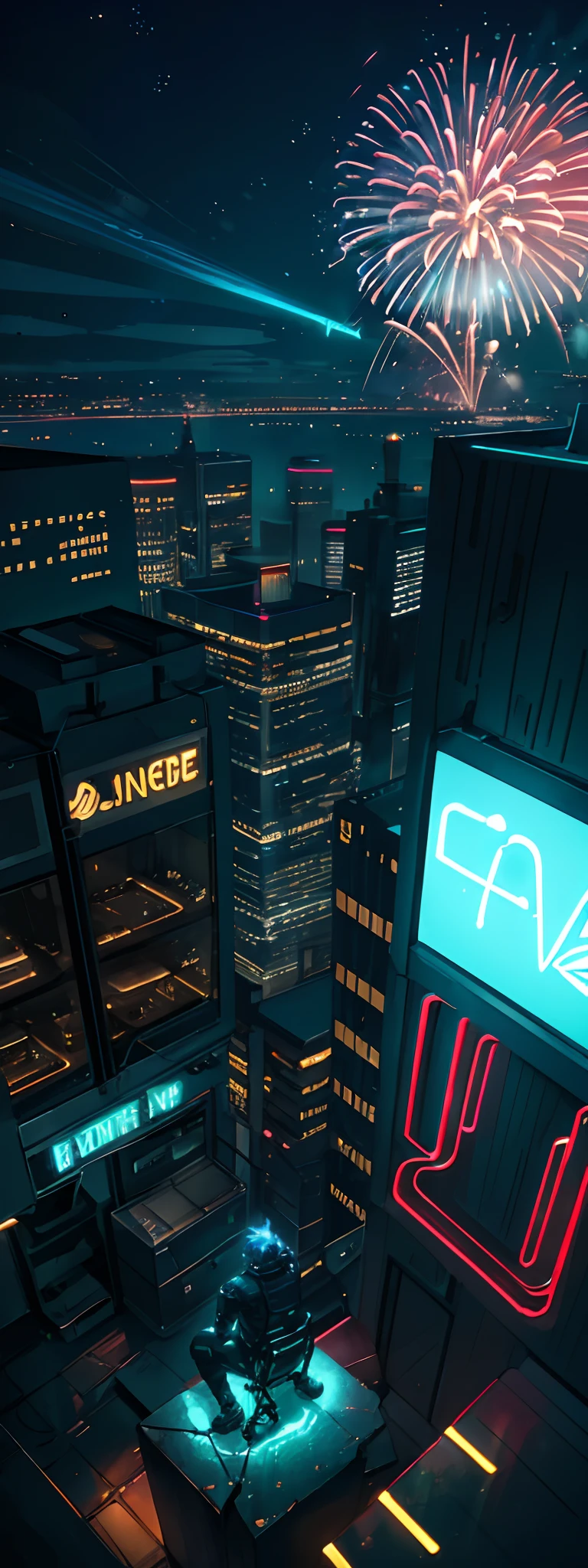 urban night photograph, (a view from above that shows city lights below and stars above), a boy sitting on rooftop looking down, (helicopter:0.8), (fireworks:1.1), (smoke:0.7), skyscraper, billboard BREAK concept art, (cool light source:1.2), (neon sign:1.3), guitar, lot of blue and green, intricate details, volumetric lighting, realism BREAK (masterpiece:1.2), (best quality), 4k, ultra-detailed, (dynamic composition:1.4), highly detailed, colorful details,( iridescent colors:1.2), (glowing lighting, atmospheric lighting), urban, futuristic, (solo:1.2)