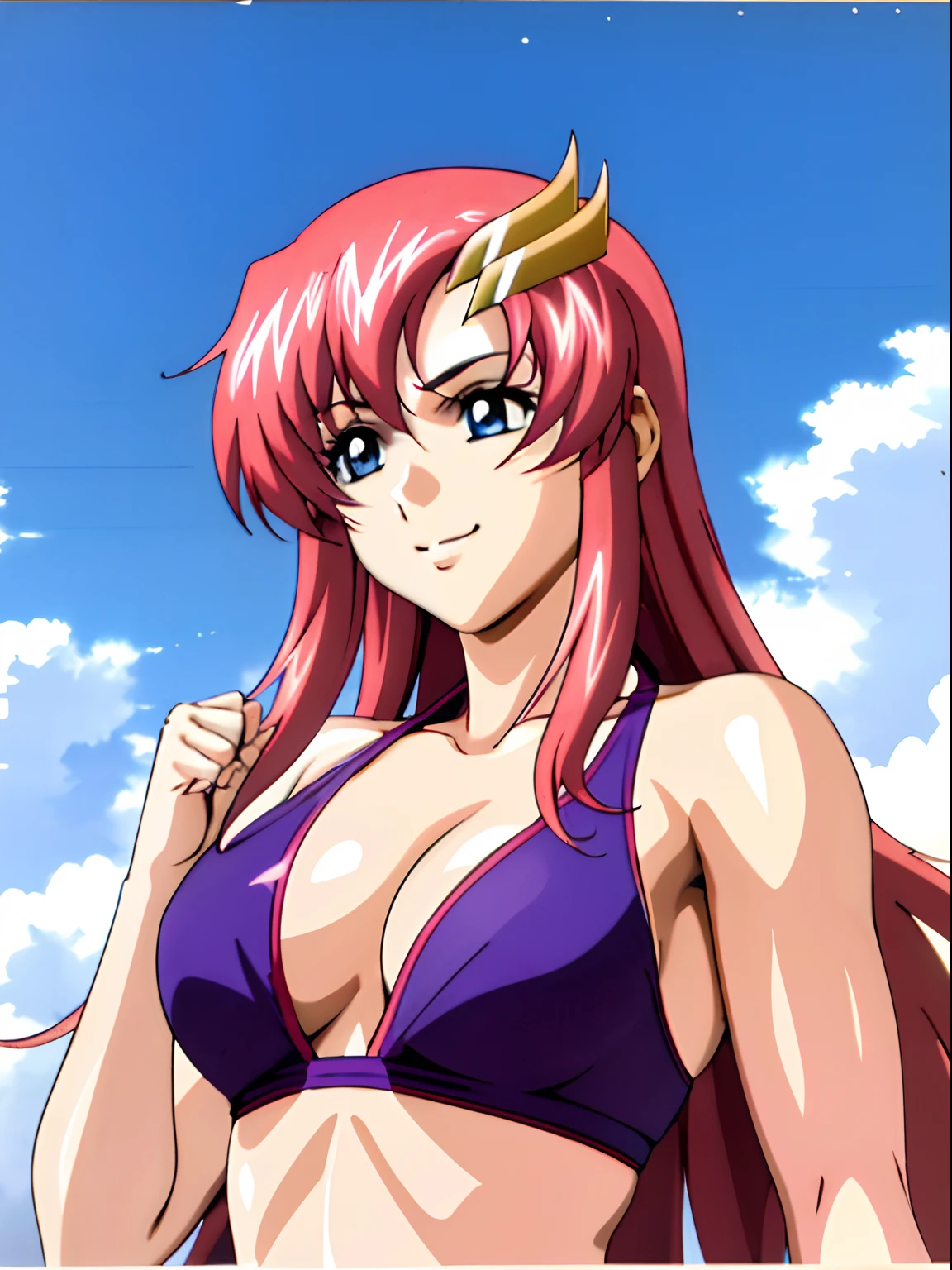 (masterpiece, upper body view, 4K, Best Quality, Anime style: 1.9, , tall, Adult Woman, ultra detailed face, (cloud background), Drawing lines, high resolution, Anime, lacus4), 1girl, Solo, curvy figure, Long hair, 鎖骨, scapular, Wavy Hair, Detailed wide hair bangs, Hair Ornament, Detailed reddish-pink hair, cleavage, large hands, (female wrestler). (Big blue eyes, shiny eyes), ((closed fists, broad shoulders)), ((medium breasts)), (((bikini, pink wrestling gear))), happy, smile, stretching