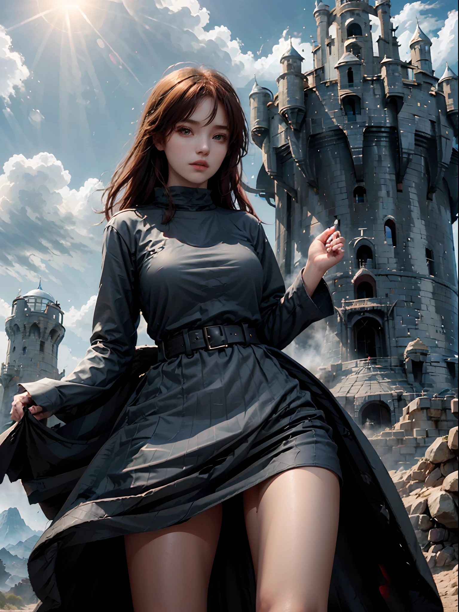 Masterpiece, illustration, ((Huge giant military Tower of Babel fortress,Made of carved stone,Standing on remote desert land)), (Babel Tower), the pale blue sky, Sunlight, Heavy fog, black shadows, Black grass with stone, Uninhabitable, barren land, Nature, (Mountains), unsaturated, (A young girl in a dark blue coat stood in the distance and walked towards the castle), Medium length red hair, moscow, urss, (Black Dragon,Red eyes glow,Fly over the fortress)