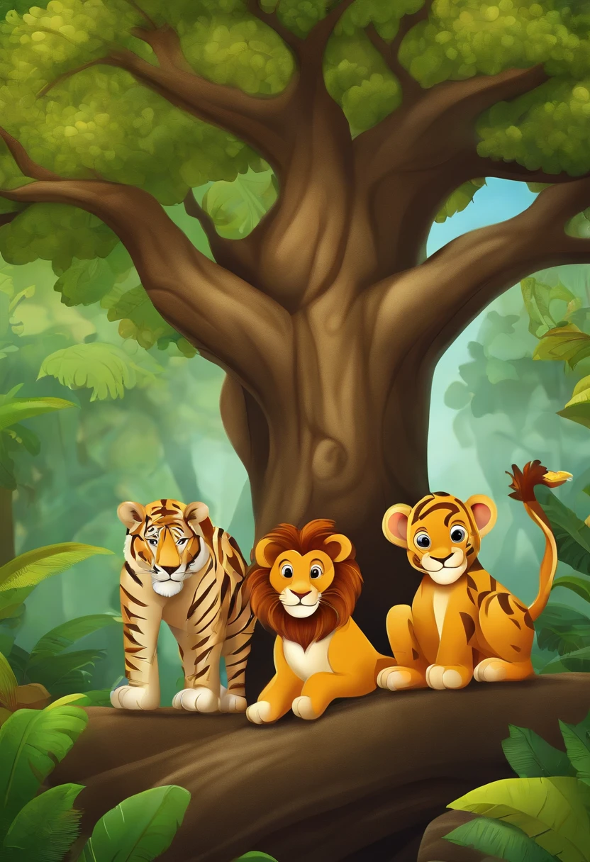 Lion, giraffe,Monkey in a tree,Elephant, tiger,Forest, beautiful nature ,kids style