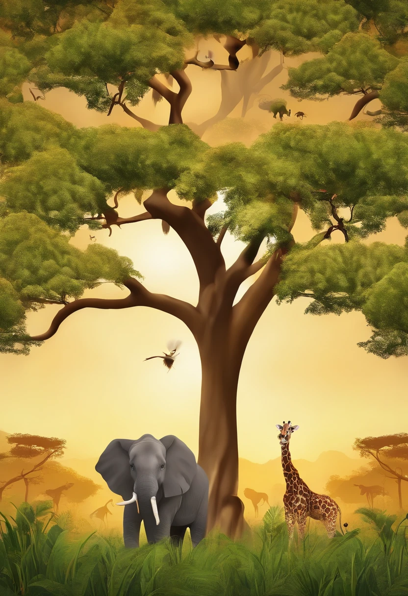 Lion, giraffe,Monkey in a tree,Elephant, tiger,Forest, beautiful nature ,kids style