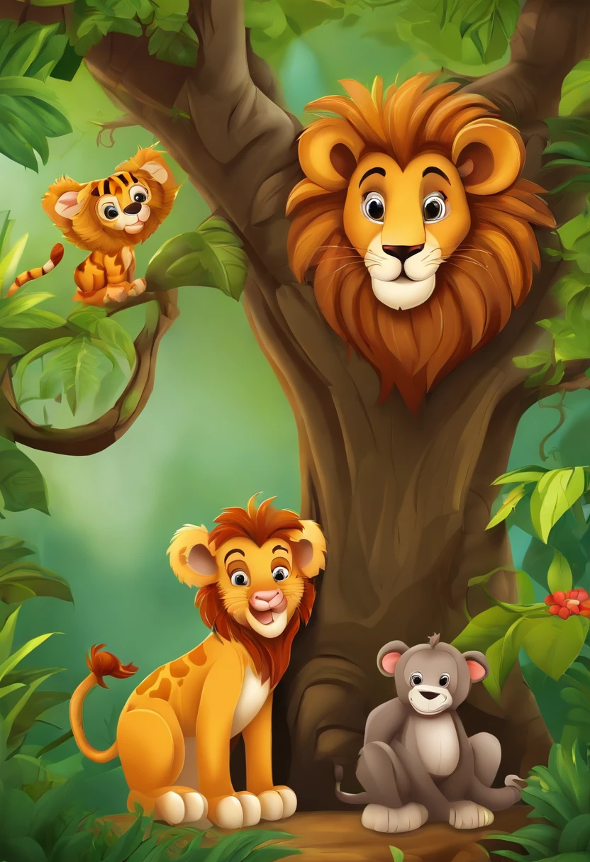 Lion, giraffe,Monkey in a tree,Elephant, tiger,Forest, beautiful nature kids style