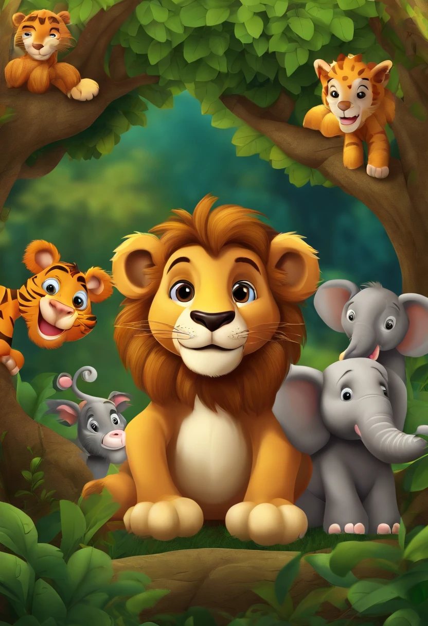 Lion, giraffe,Monkey in a tree,Elephant, tiger,Forest, beautiful nature kids style