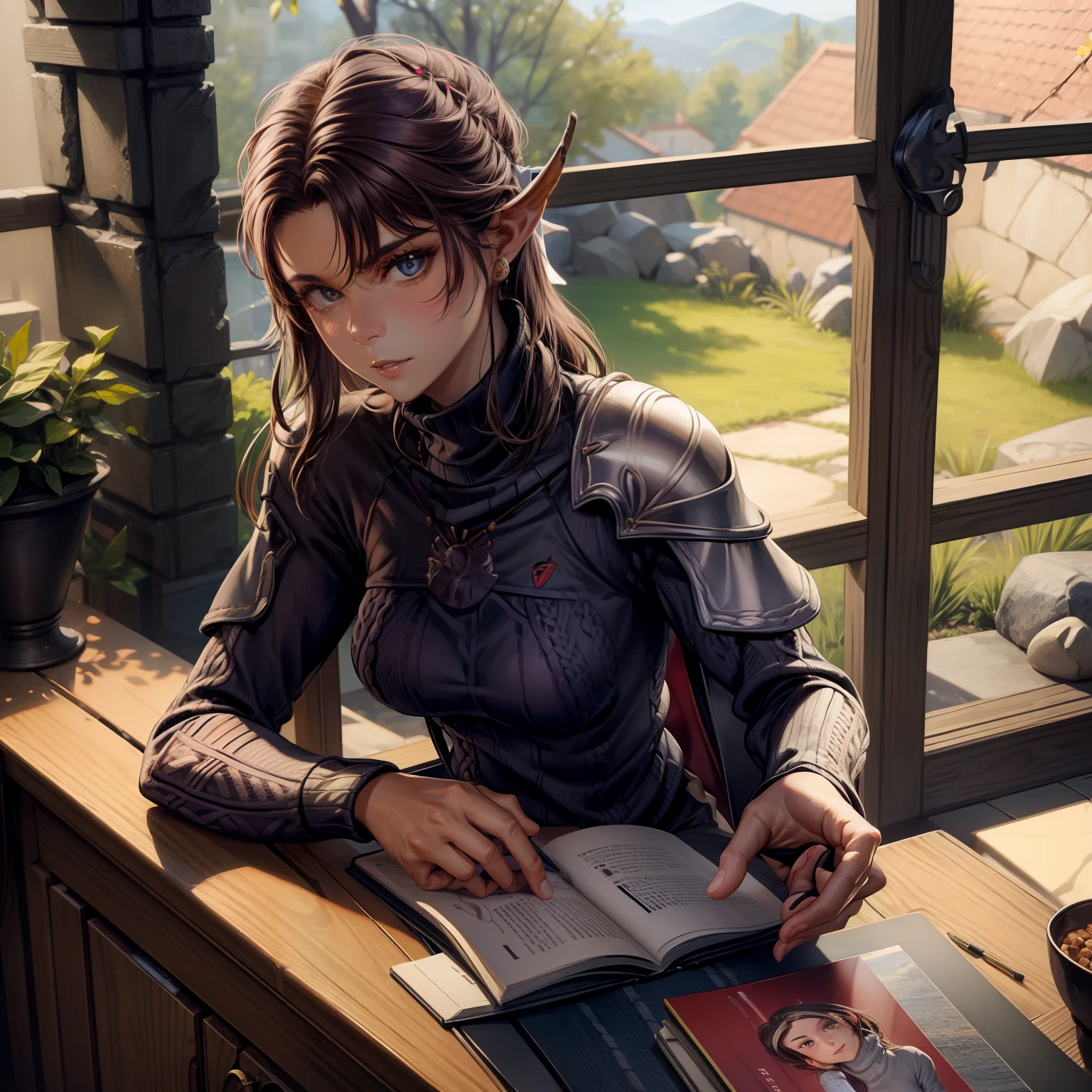 lae-zel in ((casual clothes)), (((turtleneck sweater))), at home, portrait photo, high quallity, 4k, extremely detailed, no armor