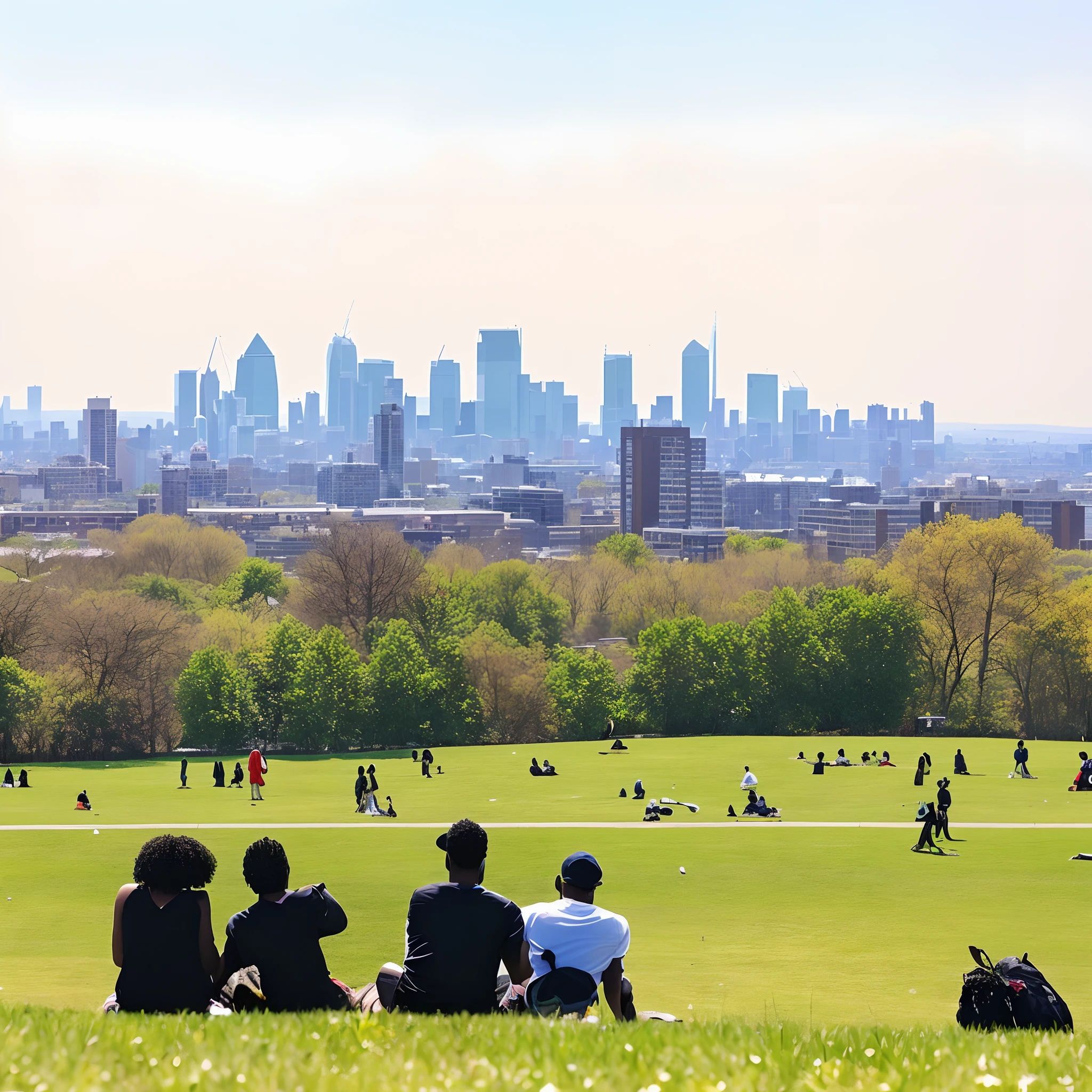 Black and latino people are sitting on the grass in a park with a view of the city, from the distance, view from the distance, skyline in the distance, looking over city, the photo was taken from afar, shot from afar, view over city, from afar, skyscrapers in the distance, 8 k. filling most of the view, seen from afar, city with London and Montreal architecture.