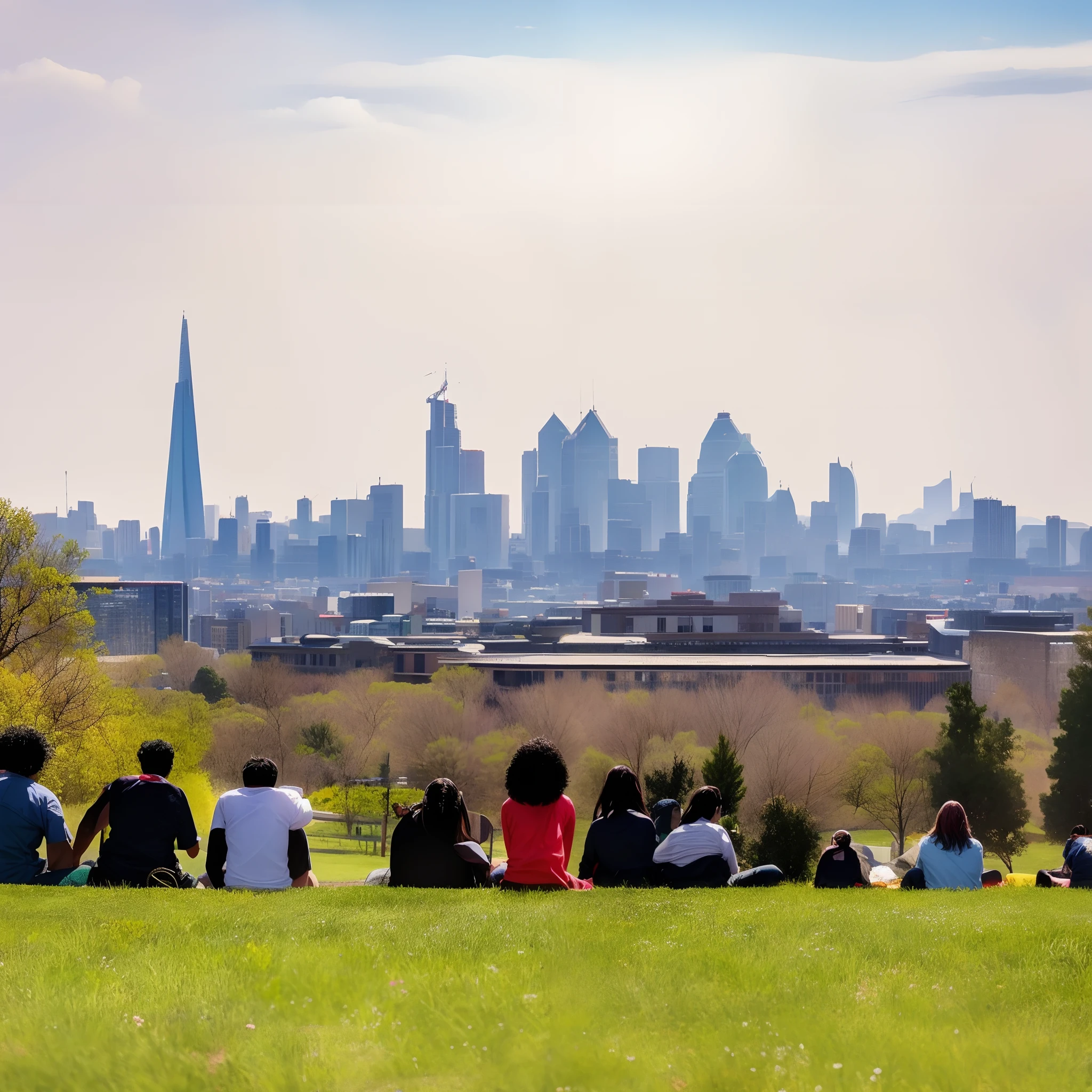 Black and latino people are sitting on the grass in a park with a view of the city, from the distance, view from the distance, skyline in the distance, looking over city, the photo was taken from afar, shot from afar, view over city, from afar, skyscrapers in the distance, 8 k. filling most of the view, seen from afar, city with London and Montreal architecture.