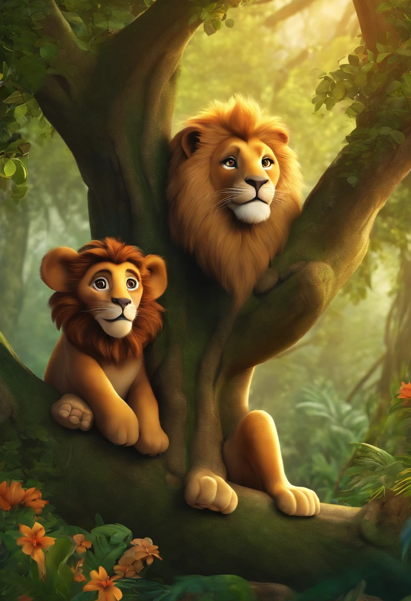 A surprised young lion with fully grown lion in jungle