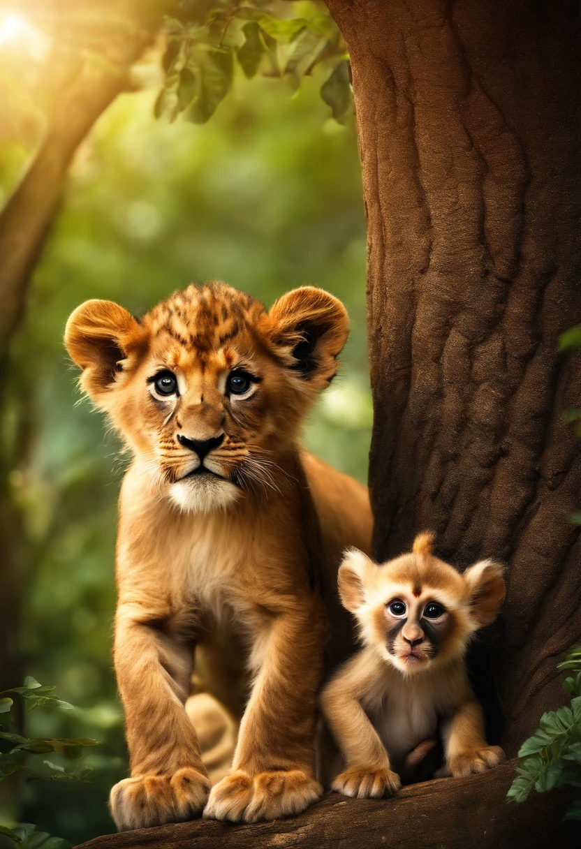 Lion, giraffe,Monkey in a tree,Elephant, tiger,Forest, beautiful nature kids style