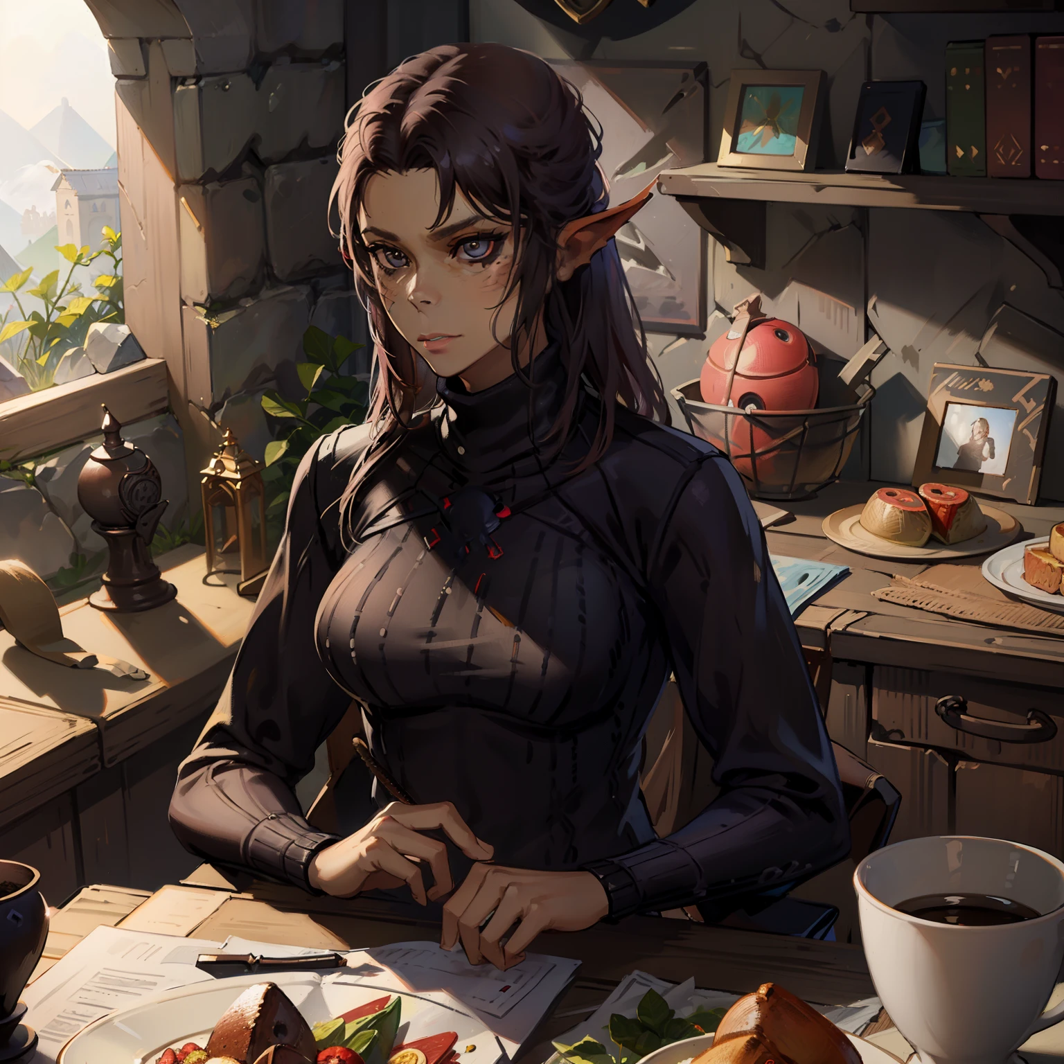 lae-zel, ((casual clothes)), (((turtleneck sweater))), at home, portrait photo, high quallity, 4k, extremely detailed, no armor, mature