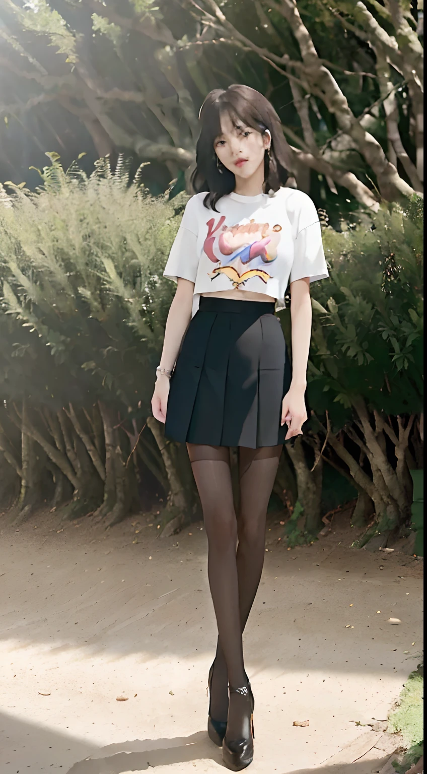 ((Lisa from Blackpink)), t-shirt, tiny pleated skirt, waist-high black tights, high heels, close-up from thighs to face, very light skin, short hair, wavy hair, camp, forest, photorealistic, lighting indirect, volumetric light, ray tracing, hyperdetailed, best quality, high resolution, HDR, 8k