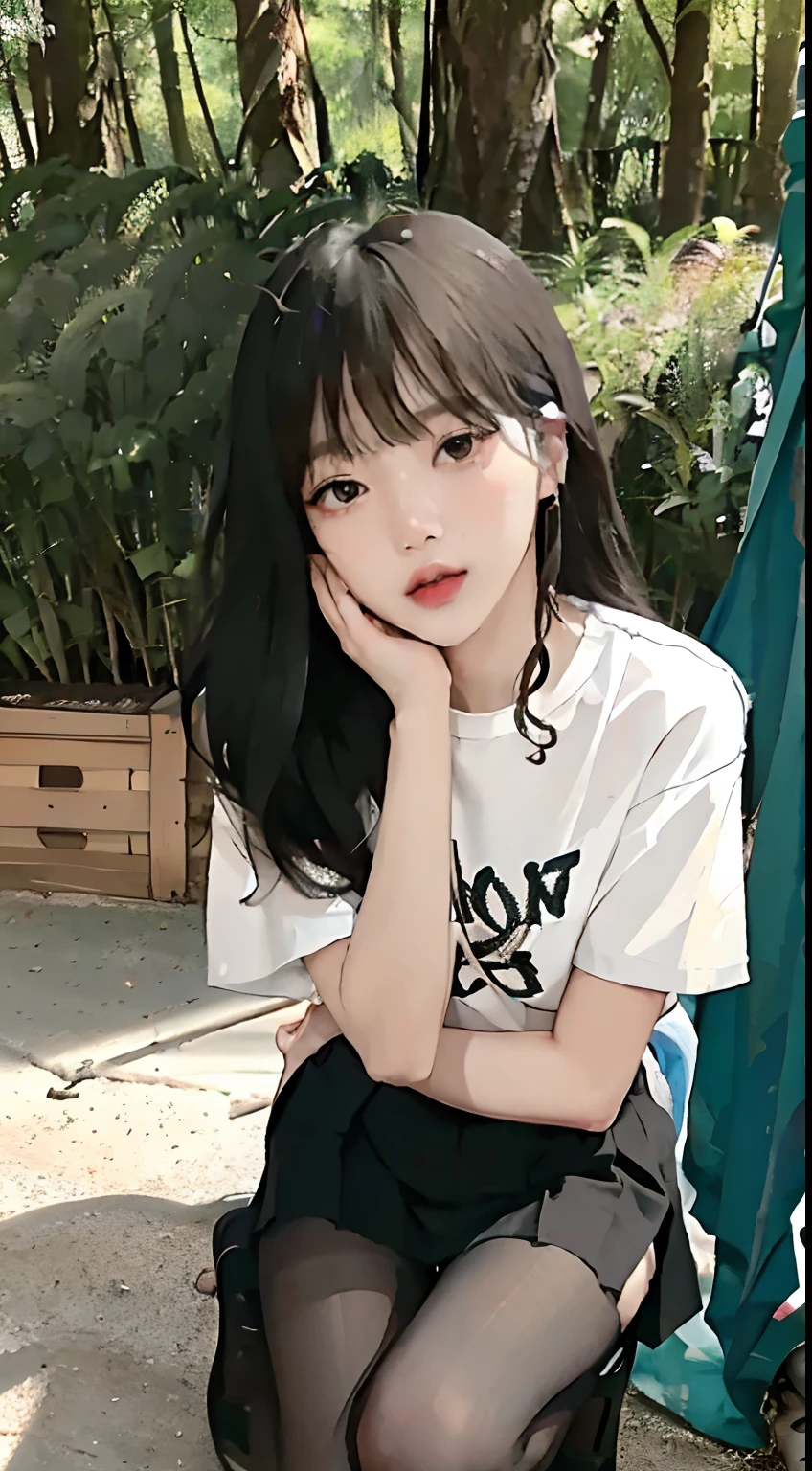 ((Lisa from Blackpink)), t-shirt, tiny pleated skirt, cleavage thighs, black pantyhose to the waist, high heels, close-up from thighs to face, very fair skin, very long hair, wavy hair, camp, forest , photorealistic, indirect lighting, volumetric light, ray tracing, hyper-detailed, best quality, high resolution, HDR, 8k