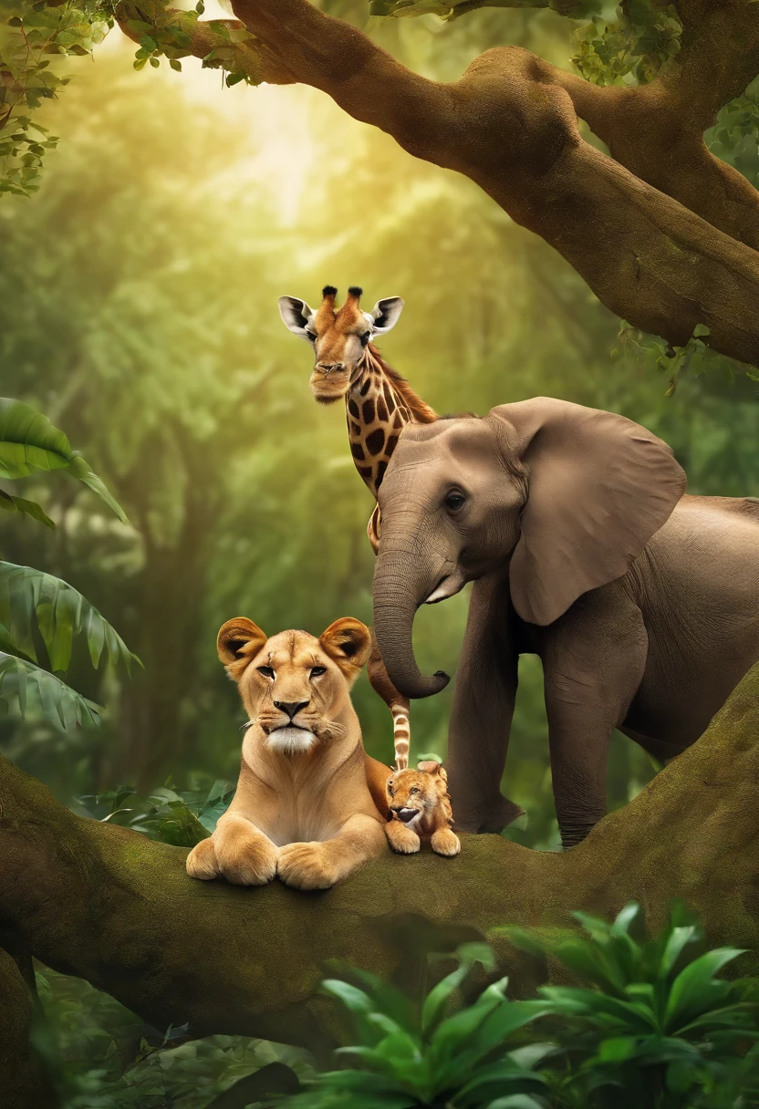 Lion, giraffe,Monkey in a tree,Elephant, tiger,Forest, beautiful nature kids style,animation graphique
