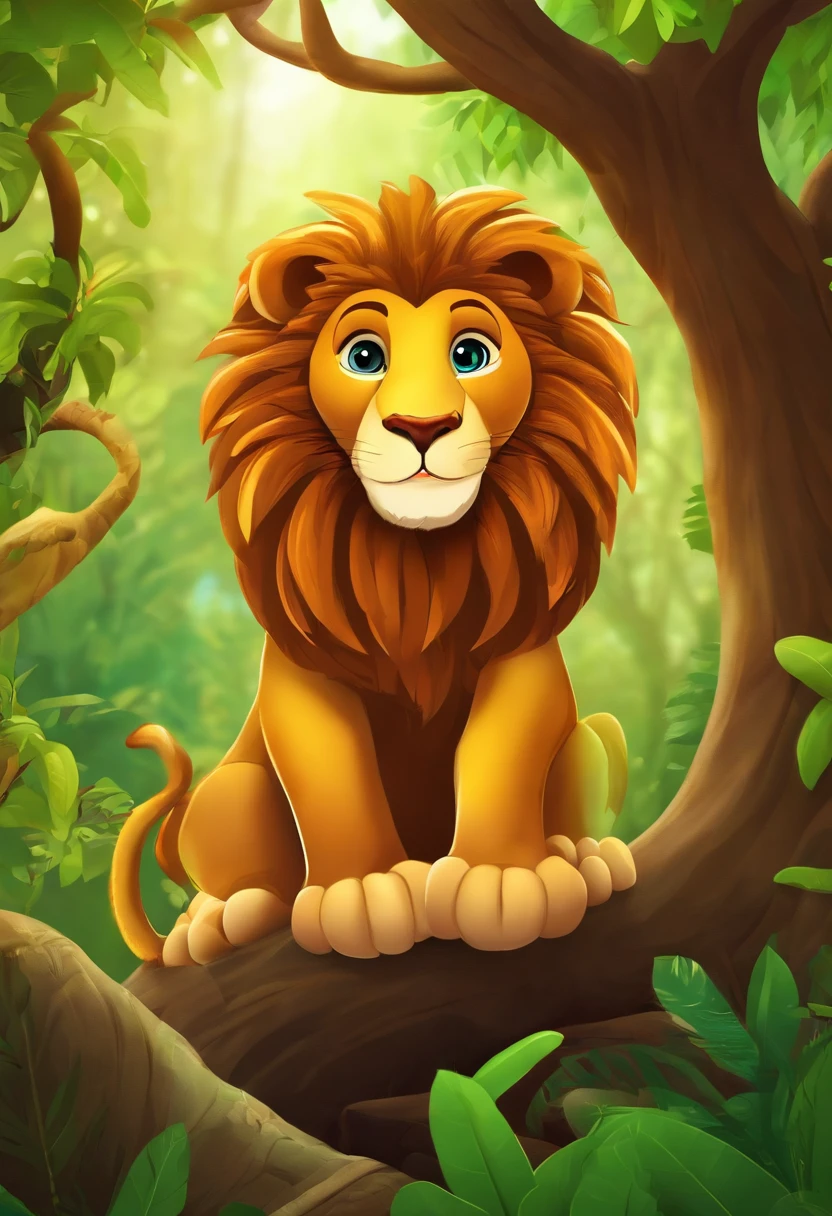 Lion, giraffe,Monkey in a tree,Elephant, tiger,Forest, beautiful nature kids style,animation graphique